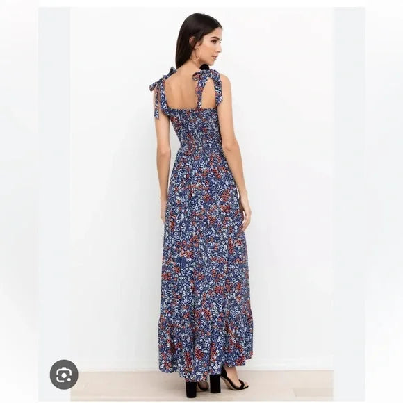 Yumi Kim Laurel Floral Maxi Dress Smocked Top Blossom Navy Blue Small NWT