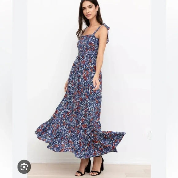 Yumi Kim Laurel Floral Maxi Dress Smocked Top Blossom Navy Blue Small NWT