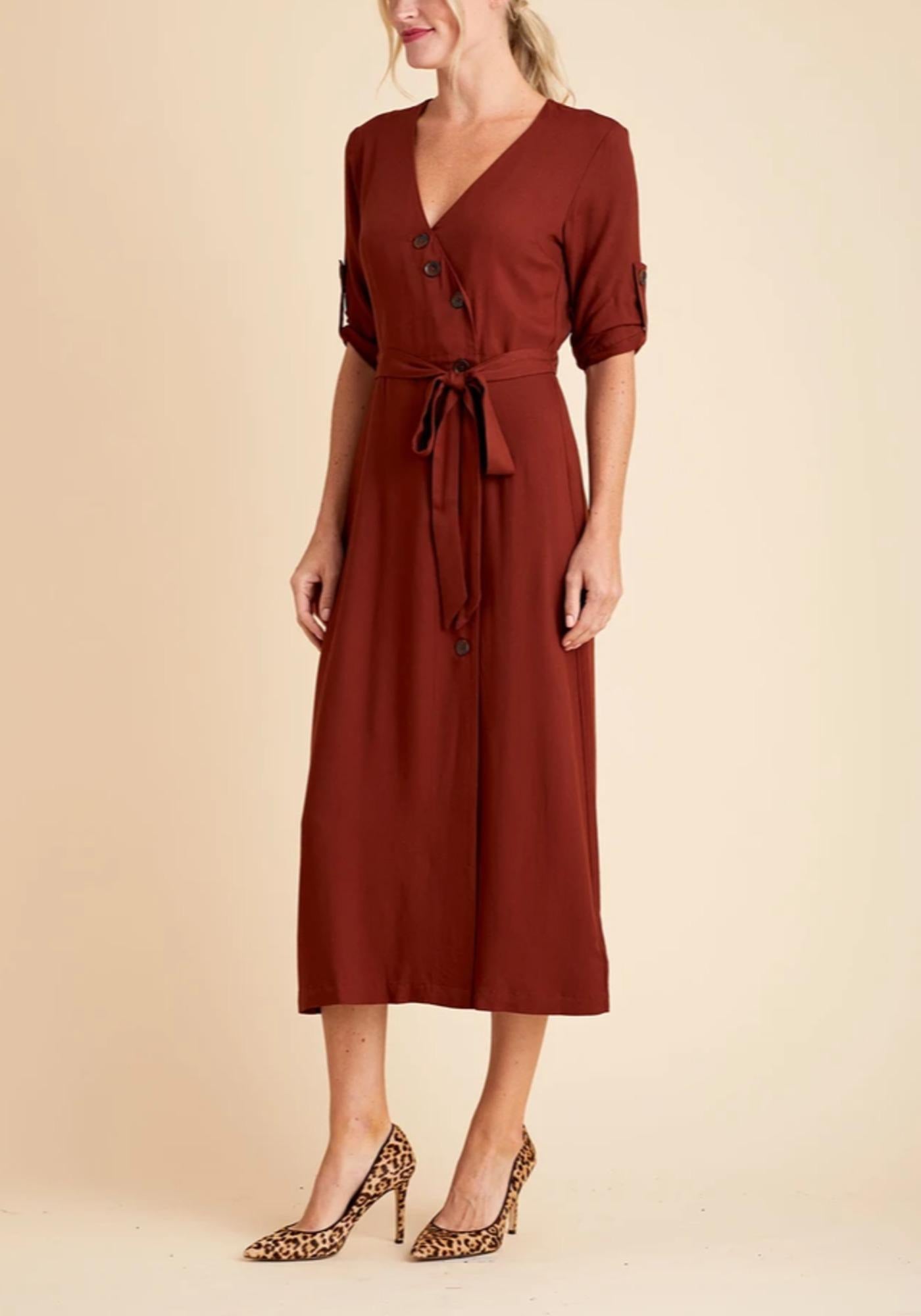 BB Dakota Cuffed Sleeve V-Neck Button Front Belted Midi Dress - /Brown - 10