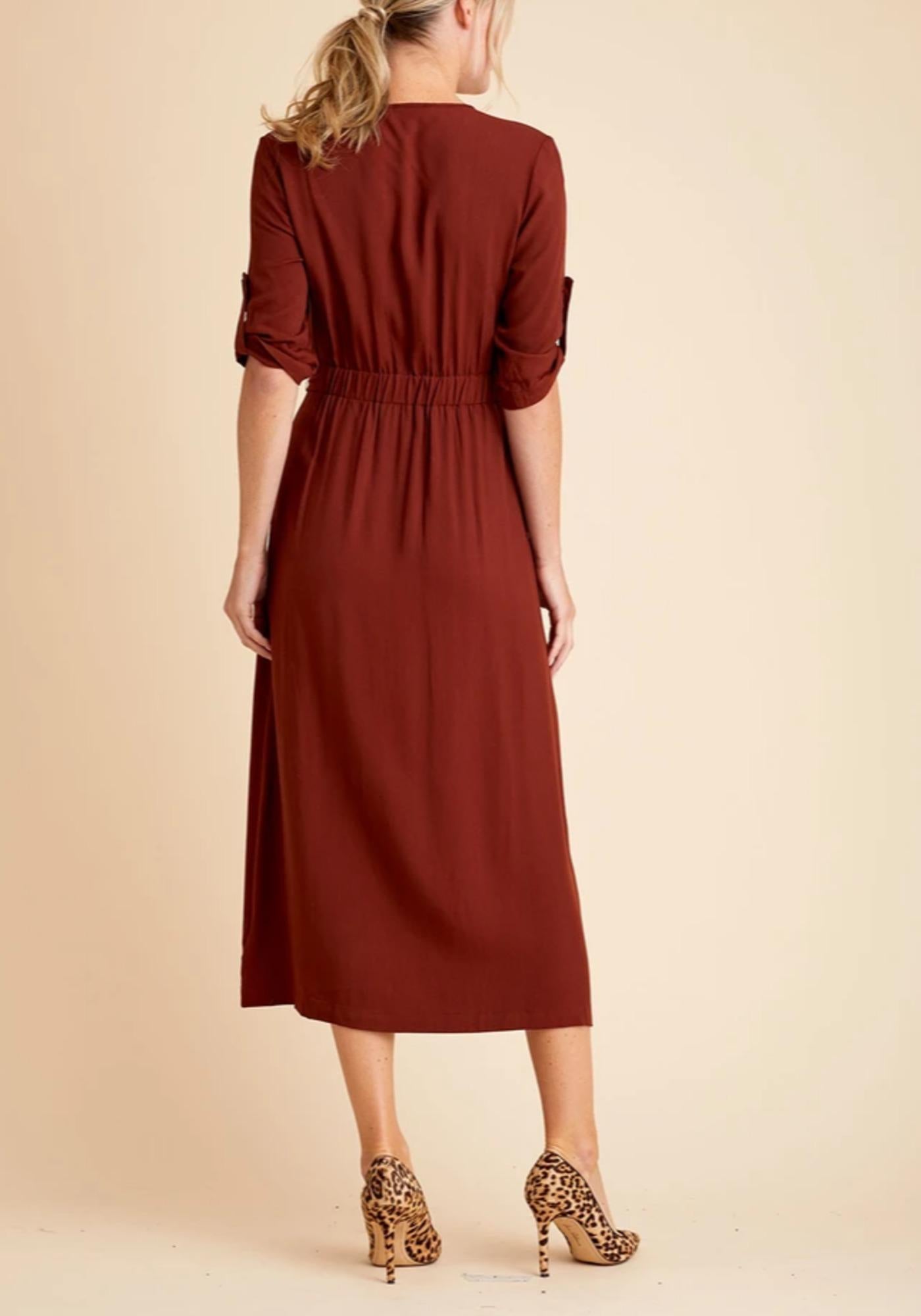 BB Dakota Cuffed Sleeve V-Neck Button Front Belted Midi Dress - /Brown - 10