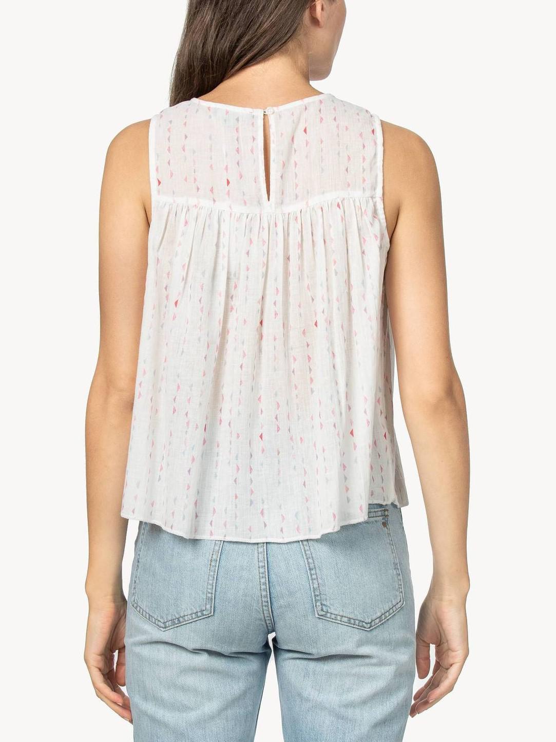 Lilla P High Crew Neck Smocked Tank Blouse - Geometric - Off White Multi/Triangle Print - L