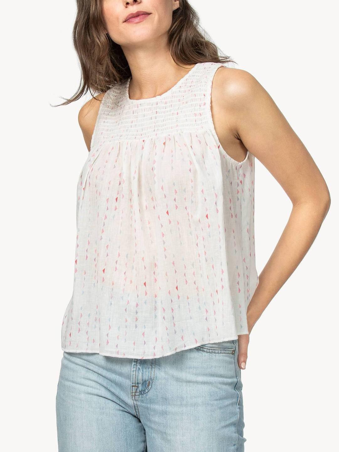 Lilla P High Crew Neck Smocked Tank Blouse - Geometric - Off White Multi/Triangle Print - L