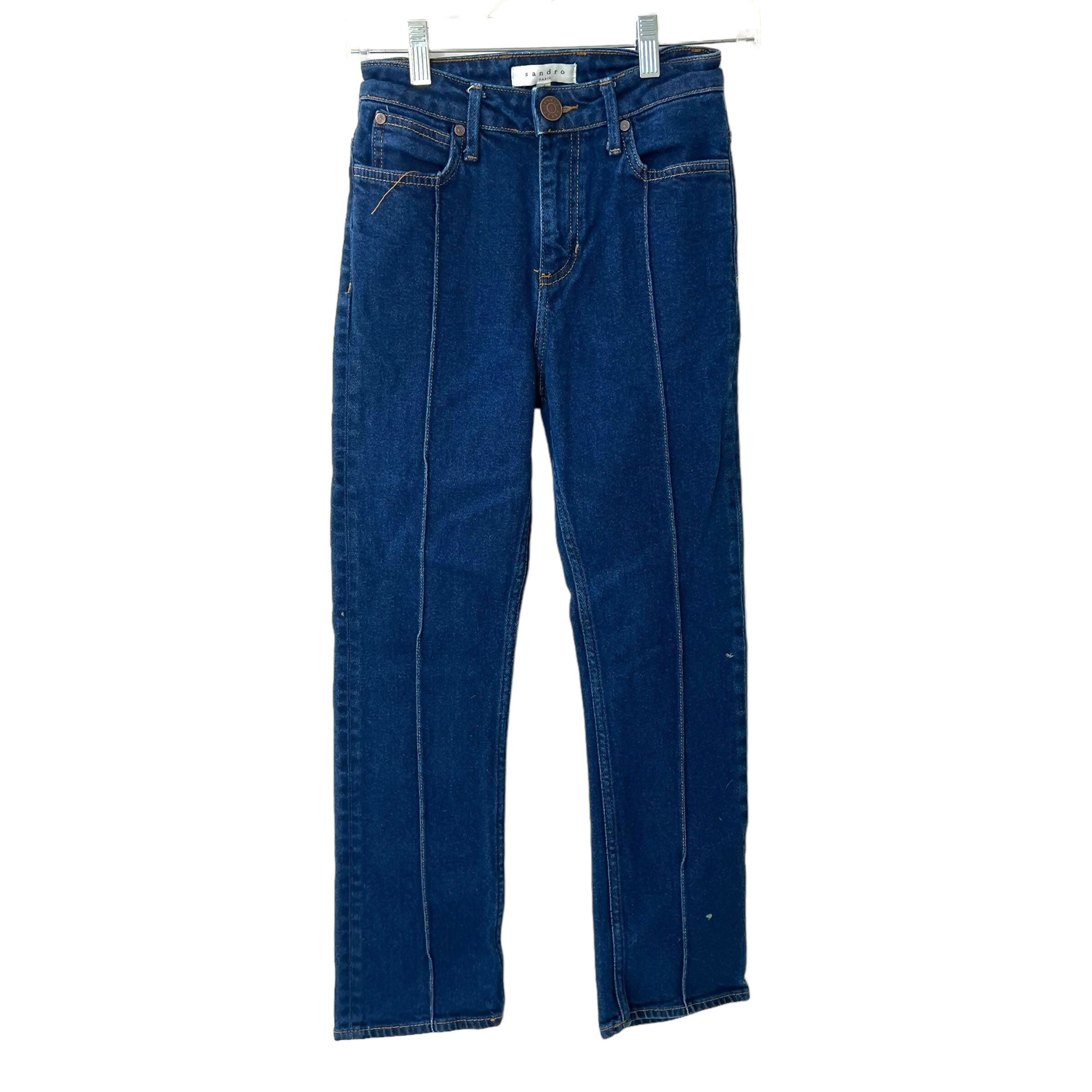 Sandro High Waist Jeans Dark Wash Reverse Seam Cropped Ankle Sz 24