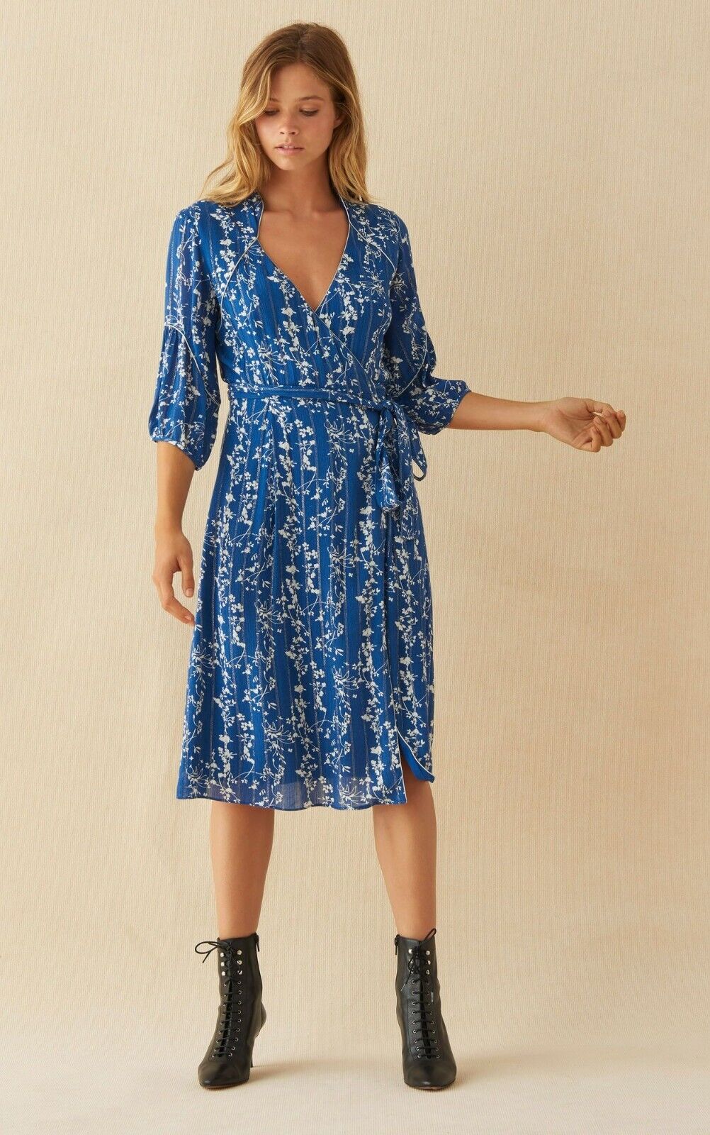ba&sh 3/4 Sleeve V-Neck Printed Midi Wrap Dress - Floral - Blue Multi/BLEUET - M