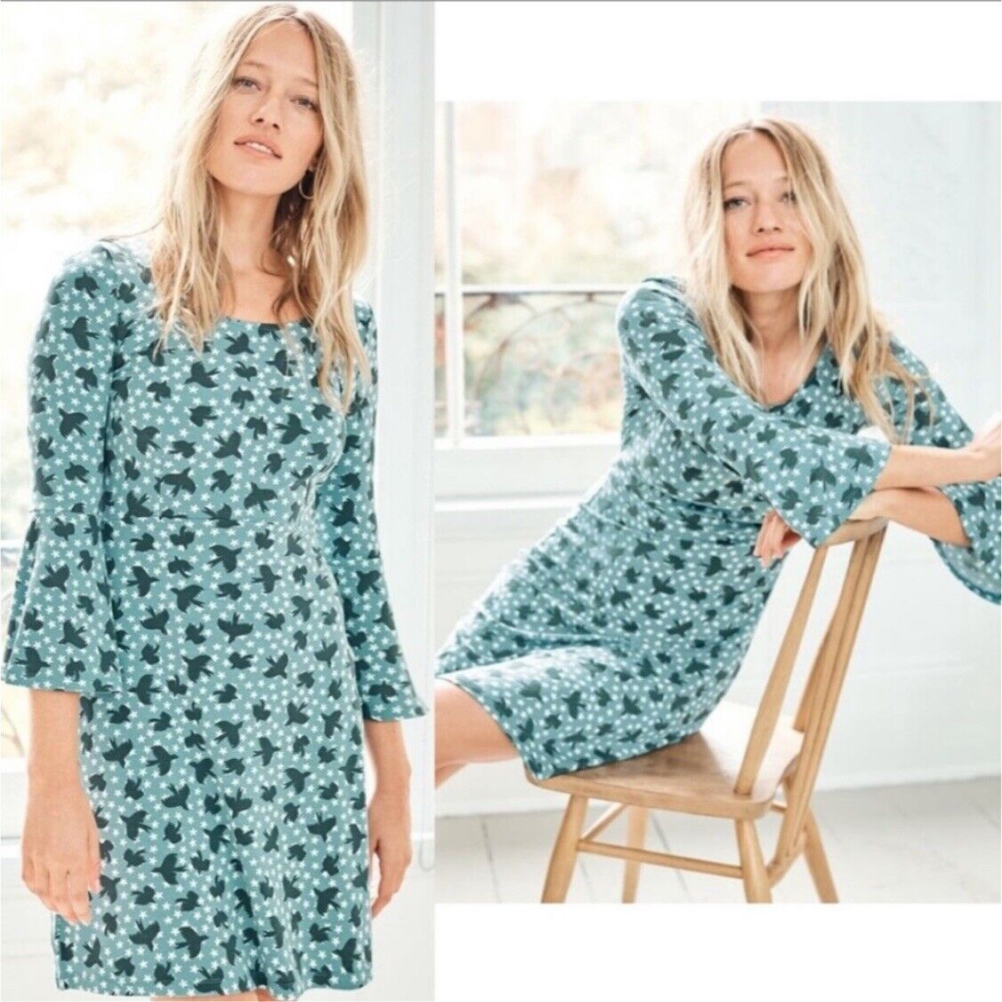 Boden 3/4 Sleeve Bird and Star Printed Dress - Abstract - Blue Multi - 16