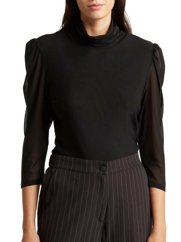 T Tahari Mesh Three Quarter Sleeve Turtleneck Blouse - Black- Medium