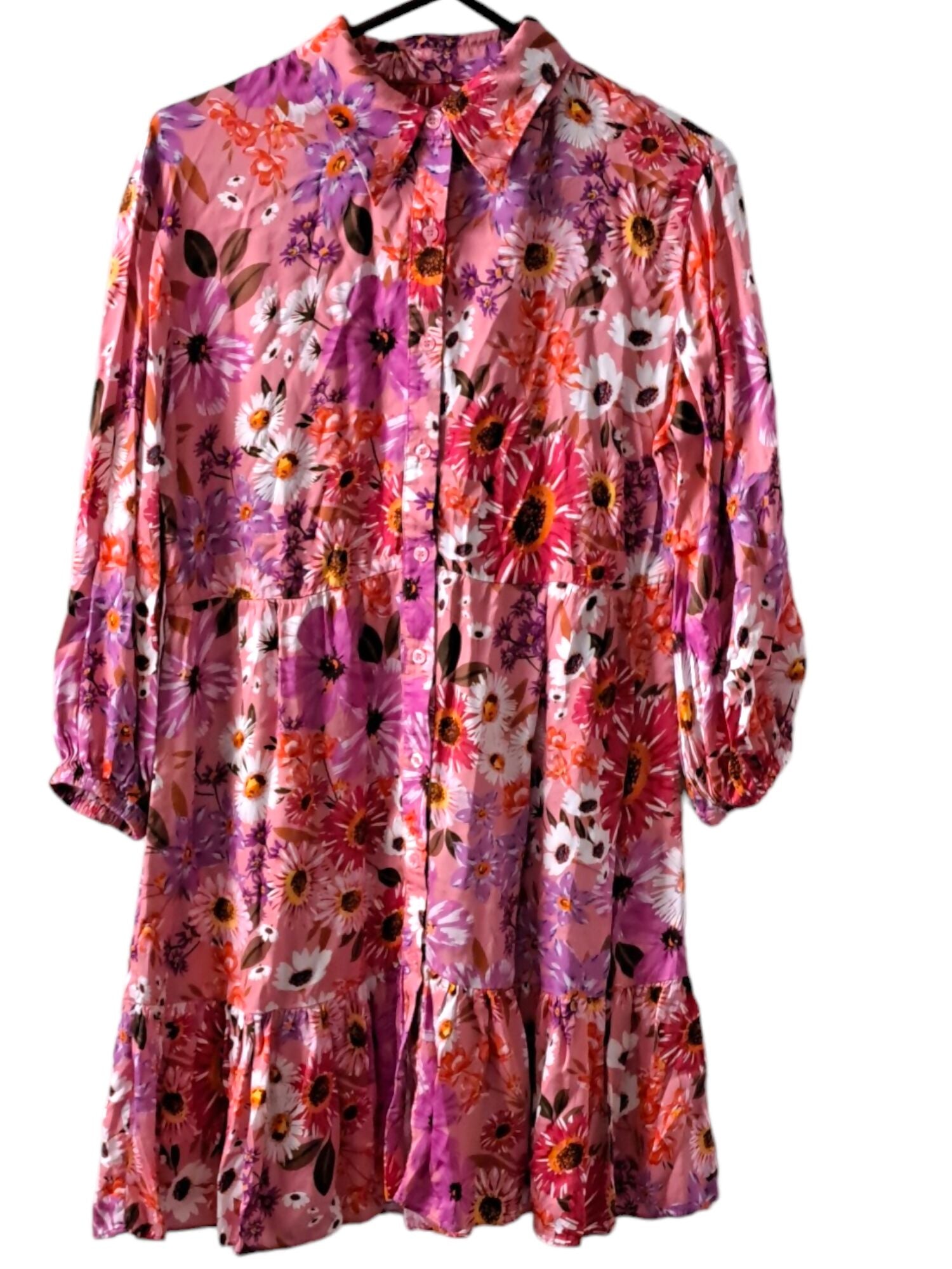 Rachel Parcell Fit & Flare Tiered Hem Shirt Dress- Floral- Pink Multi/Botanical -10