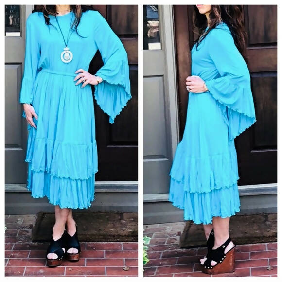 Boho Beautiful Turquoise Midi ~ Bell Sleeves ~ Lettuce Trim Tiered Ruffles ~ NEW