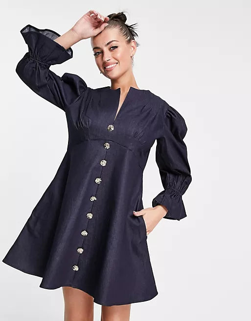 Mini dress with puff sleeves and buttons in navy