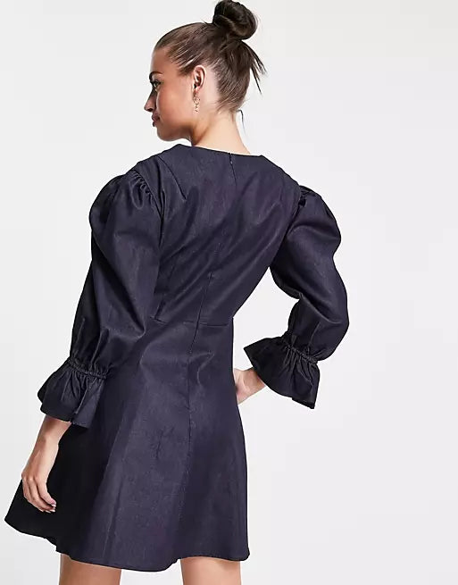 Mini dress with puff sleeves and buttons in navy