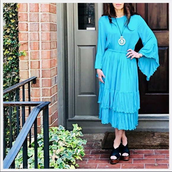 Boho Beautiful Turquoise Midi ~ Bell Sleeves ~ Lettuce Trim Tiered Ruffles ~ NEW
