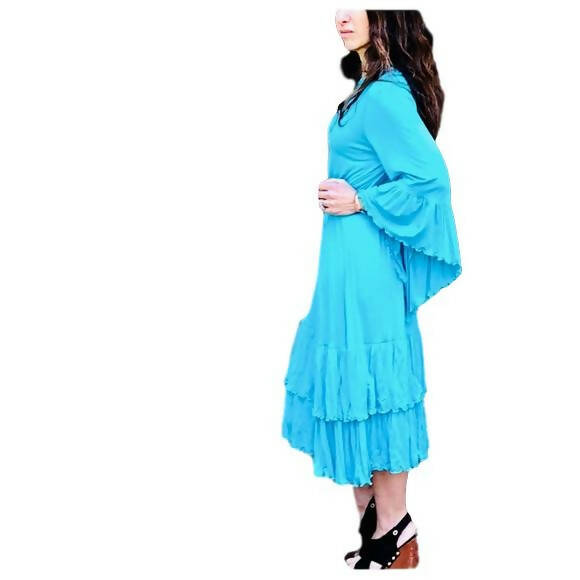 Boho Beautiful Turquoise Midi ~ Bell Sleeves ~ Lettuce Trim Tiered Ruffles ~ NEW