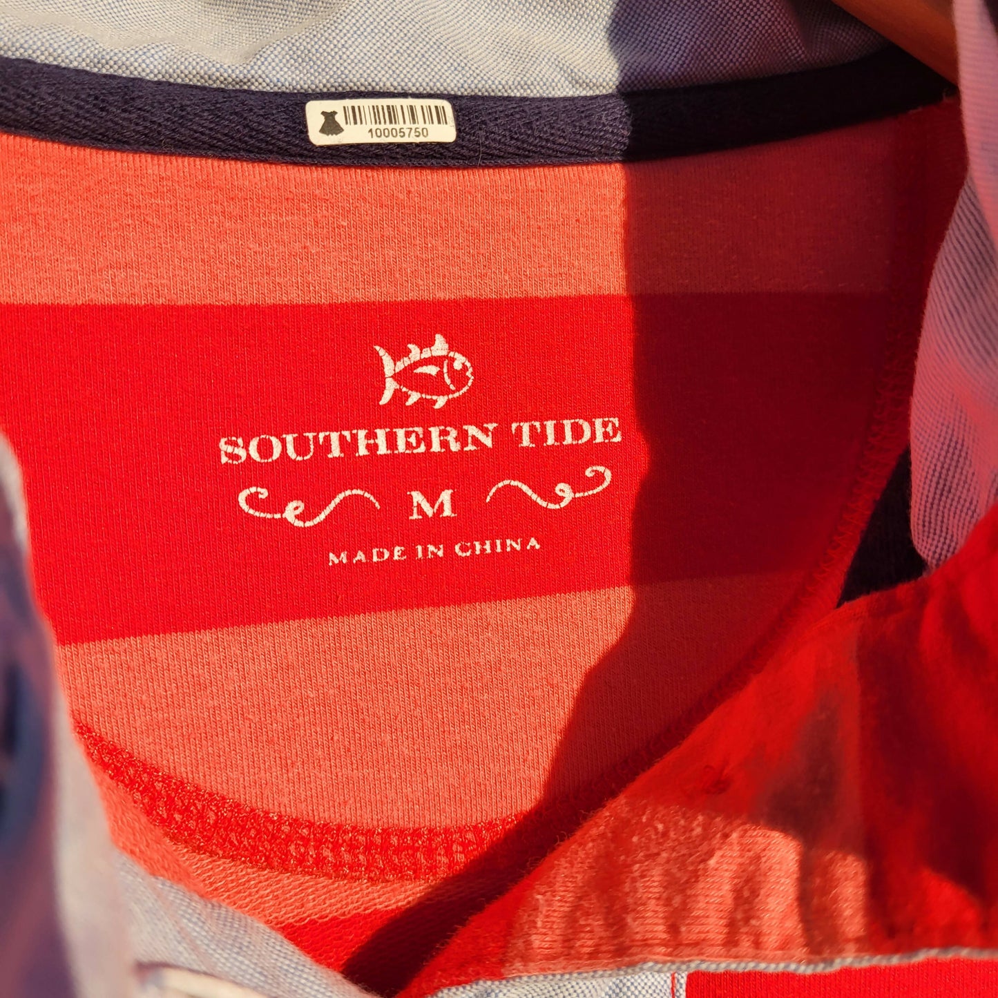 Southern Tide Long Sleeve Skiptide Pullover Button-Down Shirt - Stripes - Pink Multi/Fire Red - M