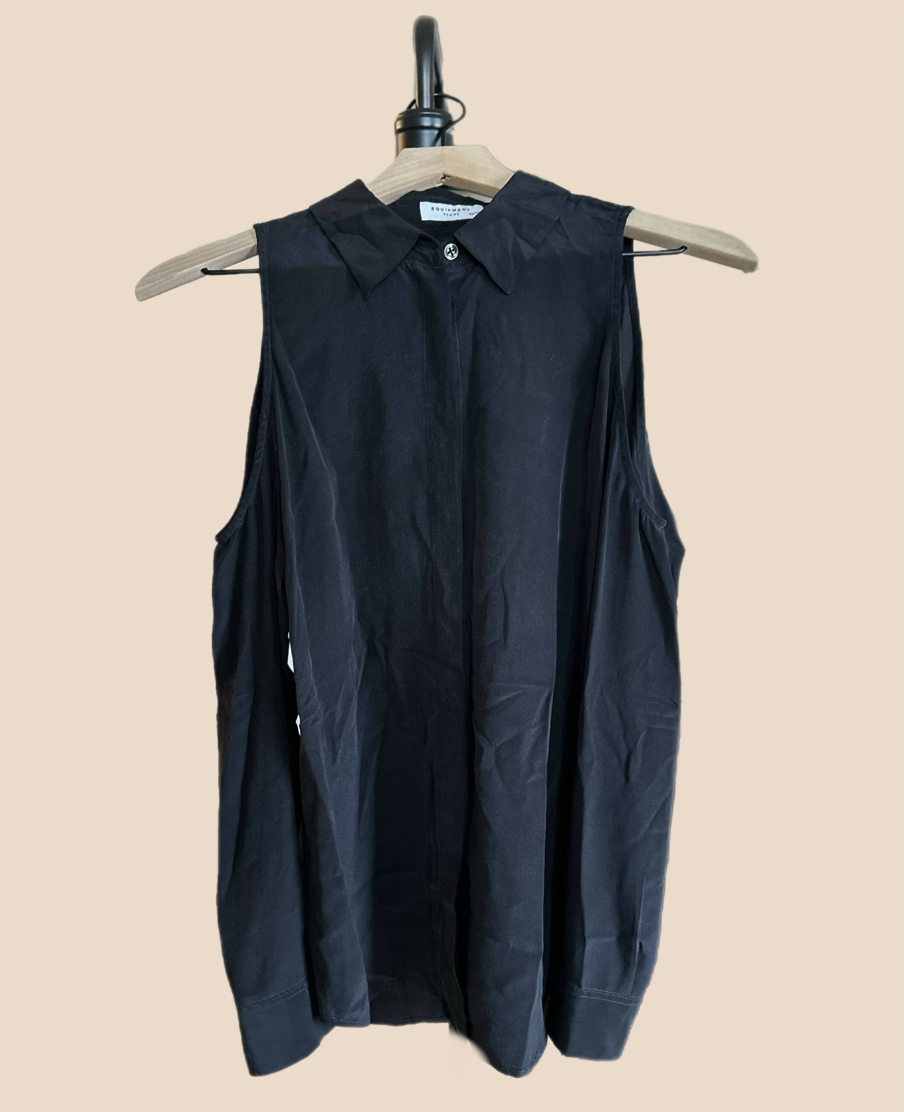 Equipment Cold Shoulder Long Sleeve Collared Tee Shirt - Black