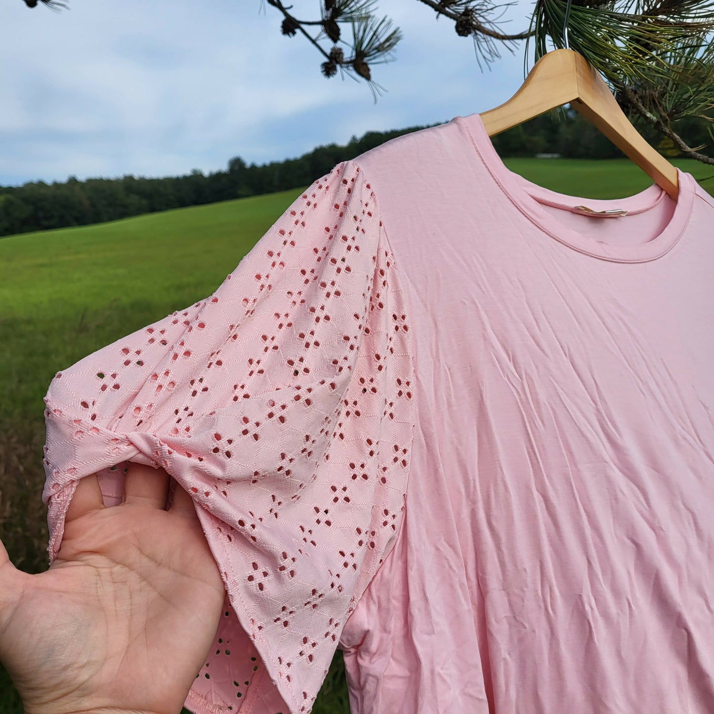 Cooper & ella Eyelet Sleeves Blouse - Pink - 2X
