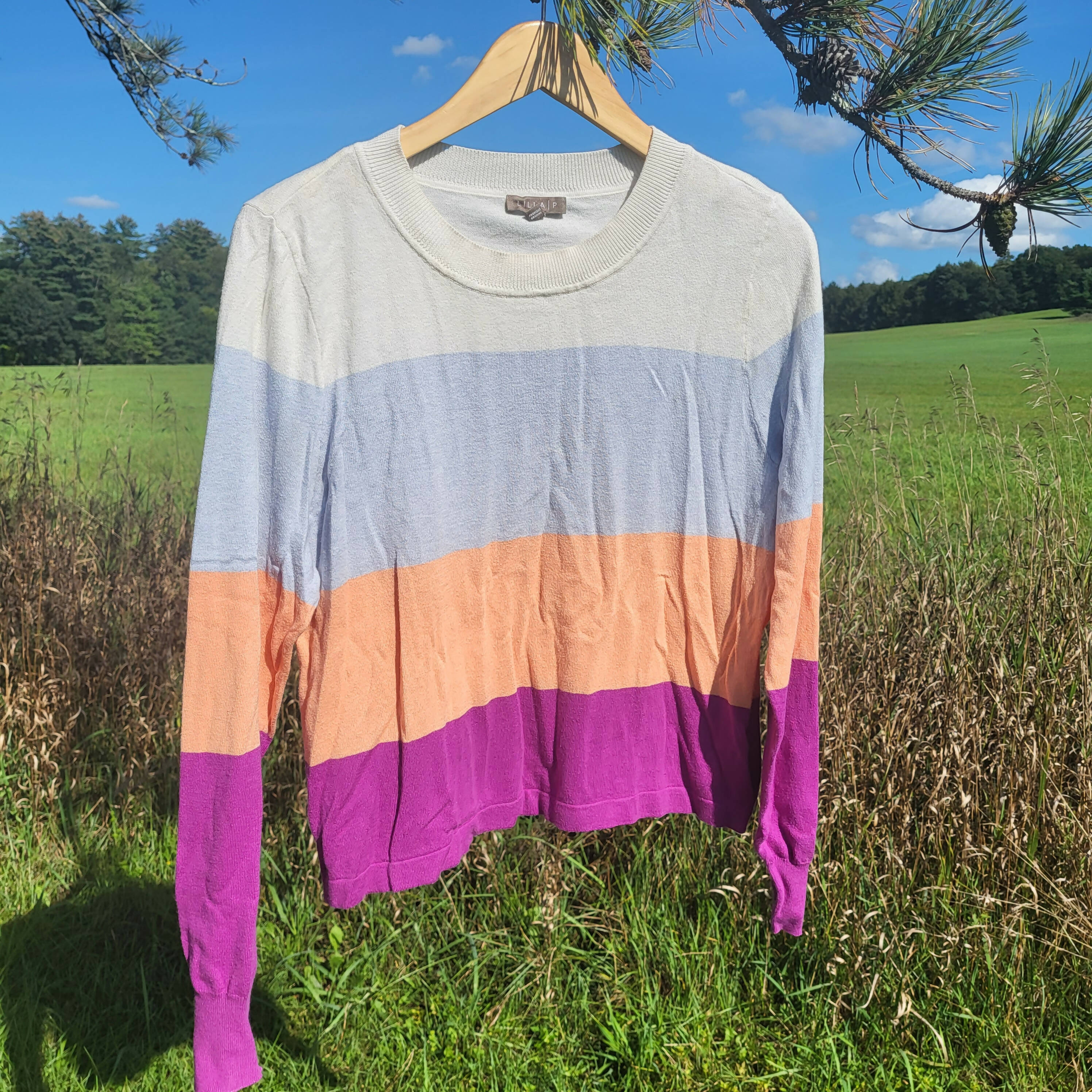 Lilla P Easy Striped Crewneck Sweater - Stripes - Multi/Orchid Multi - M