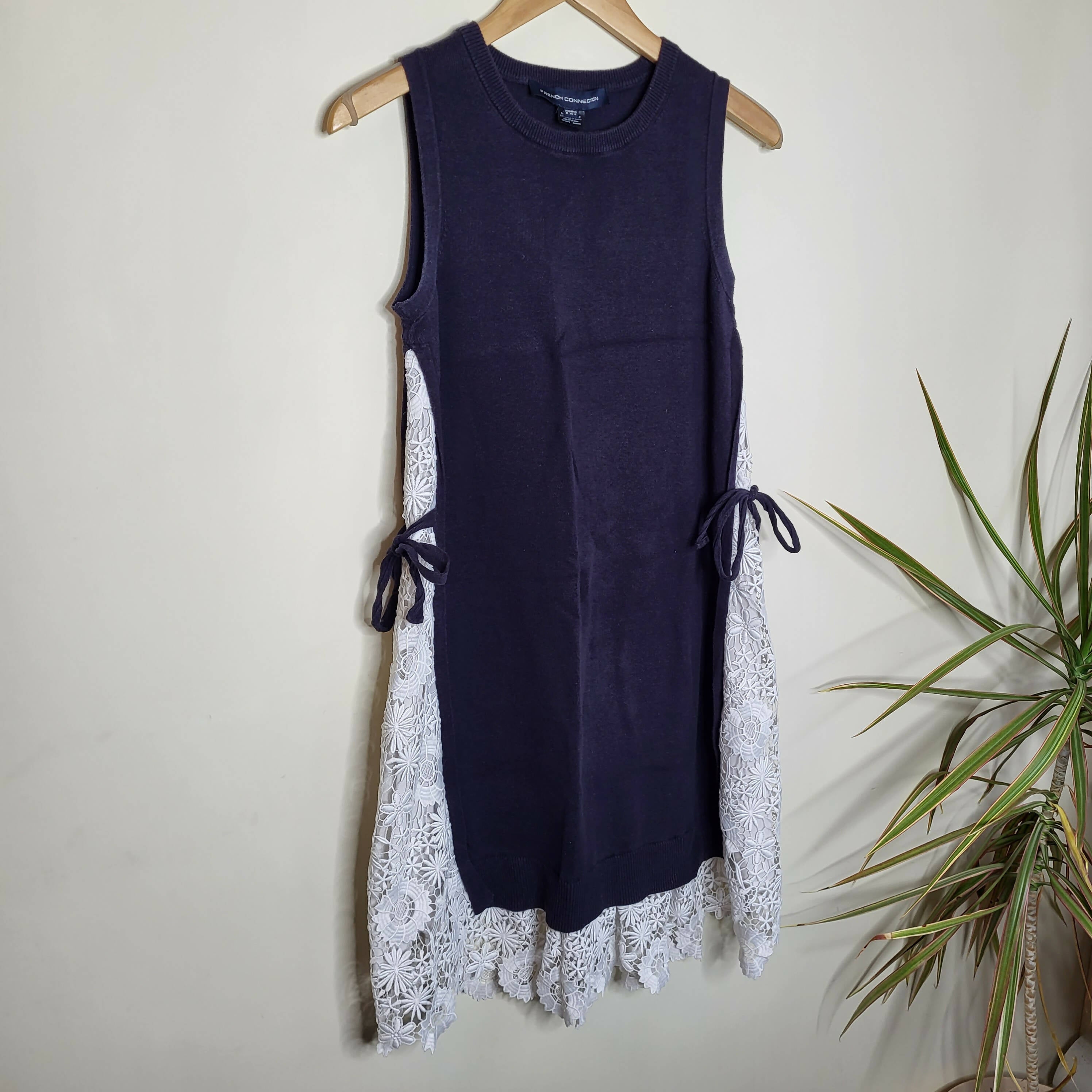 French Connection Sleeveless Side-Tie Lace Insert Knit Dress