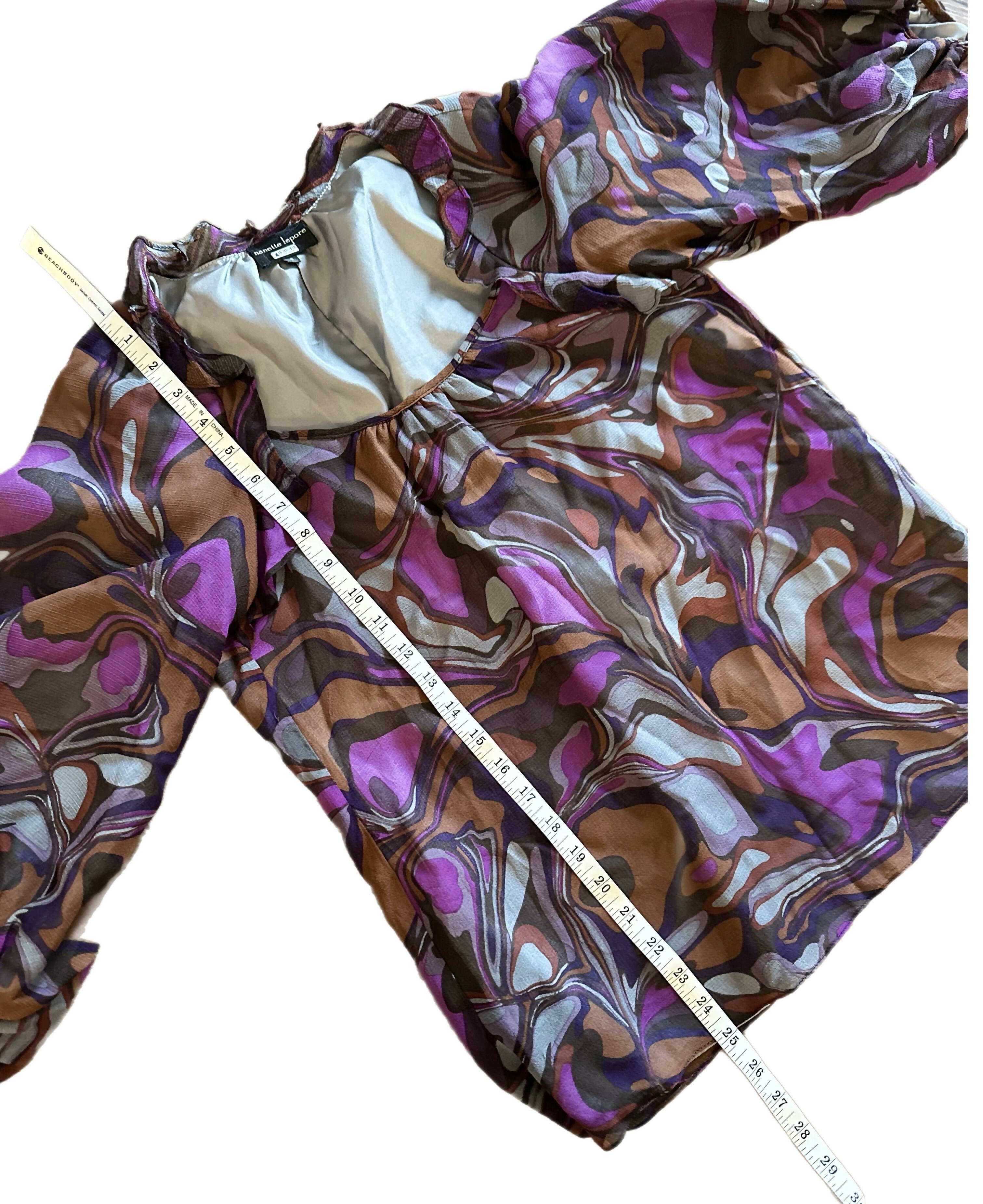 Nanette Lepore Ruffle Printed Silk Blouse - Abstract - Purple Multi/Eggplant Multi