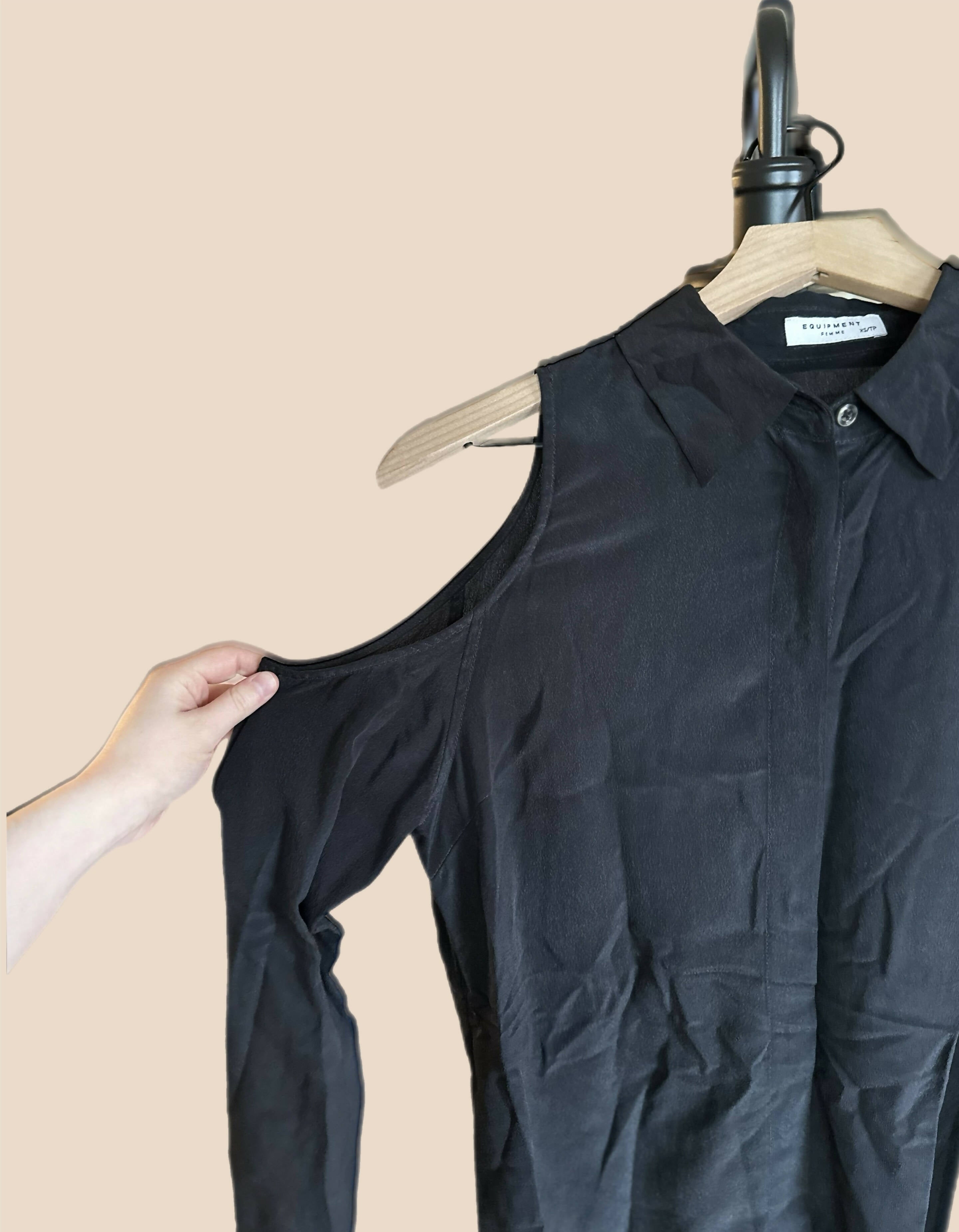 Equipment Cold Shoulder Long Sleeve Collared Tee Shirt - Black