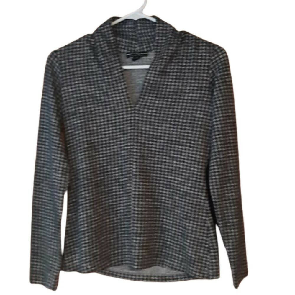 Farinaz Taghavi Long Sleeve Gathered V-Neck Printed Blouse - Plaid - Black Multi/Black Gray Check