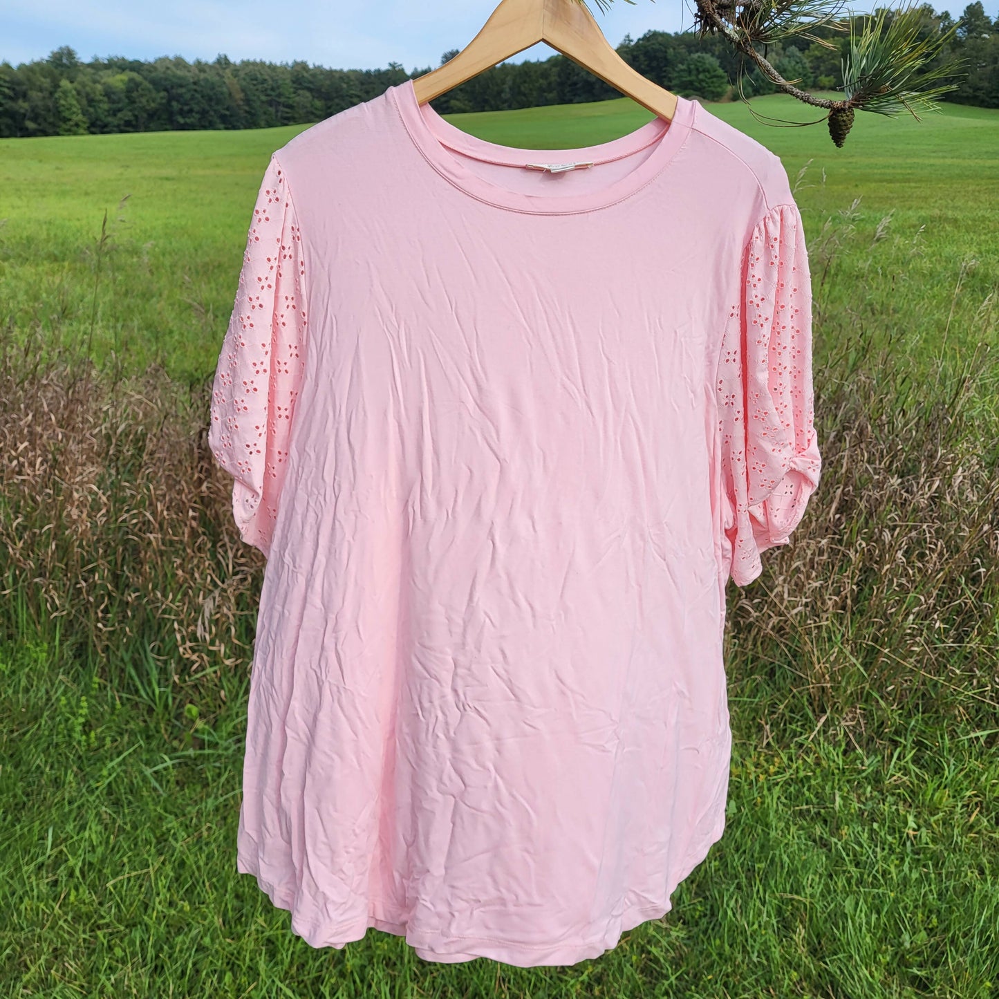 Cooper & ella Eyelet Sleeves Blouse - Pink - 2X