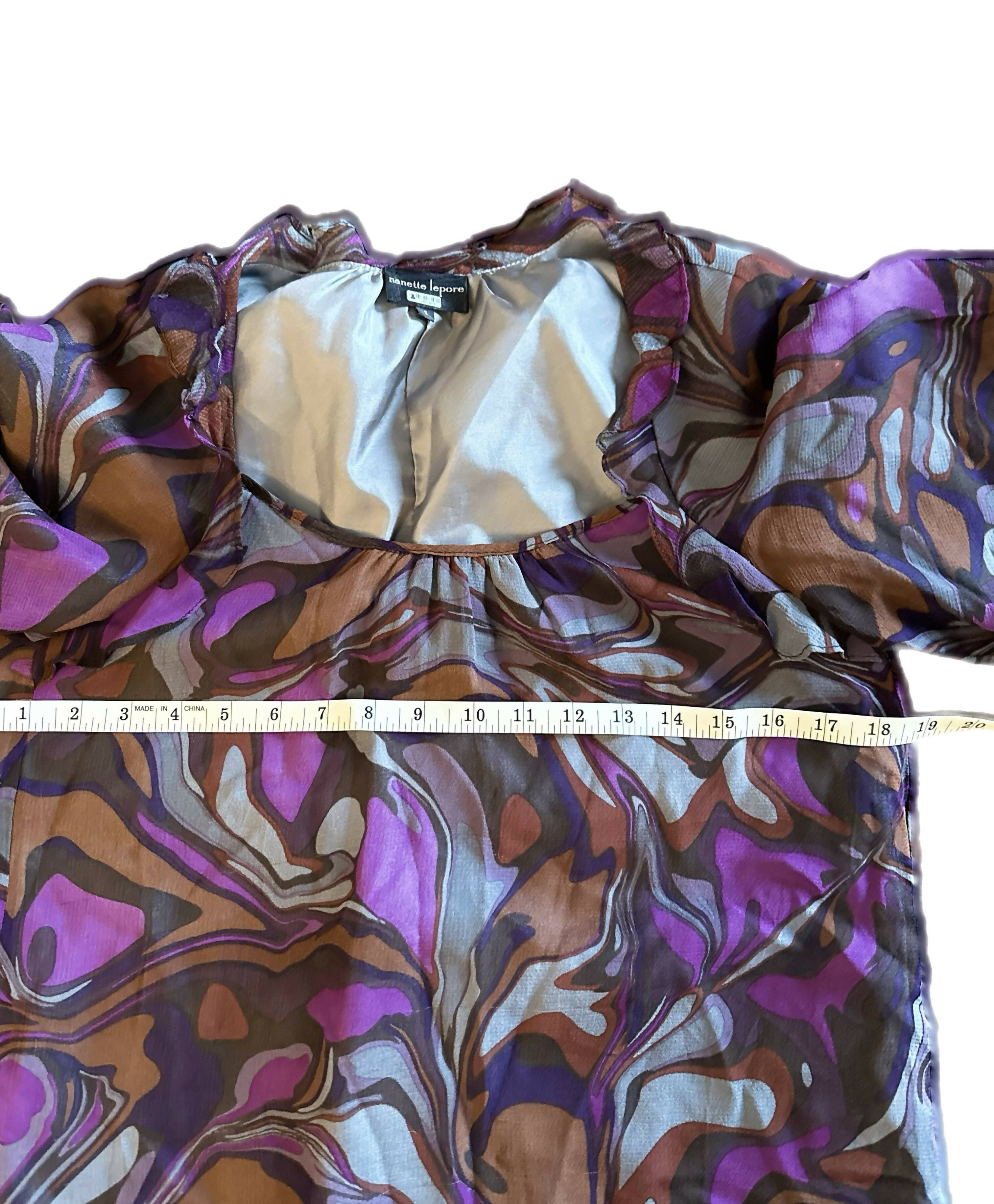 Nanette Lepore Ruffle Printed Silk Blouse - Abstract - Purple Multi/Eggplant Multi