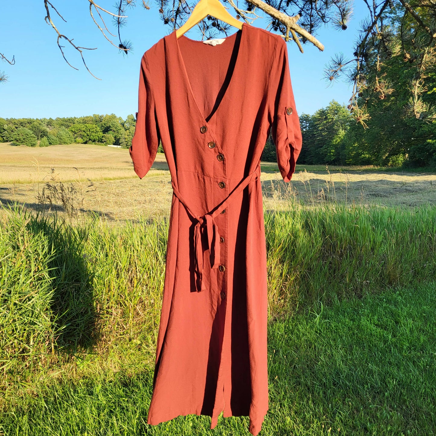 BB Dakota Cuffed Sleeve V-Neck Button Front Belted Midi Dress - /Brown - 10