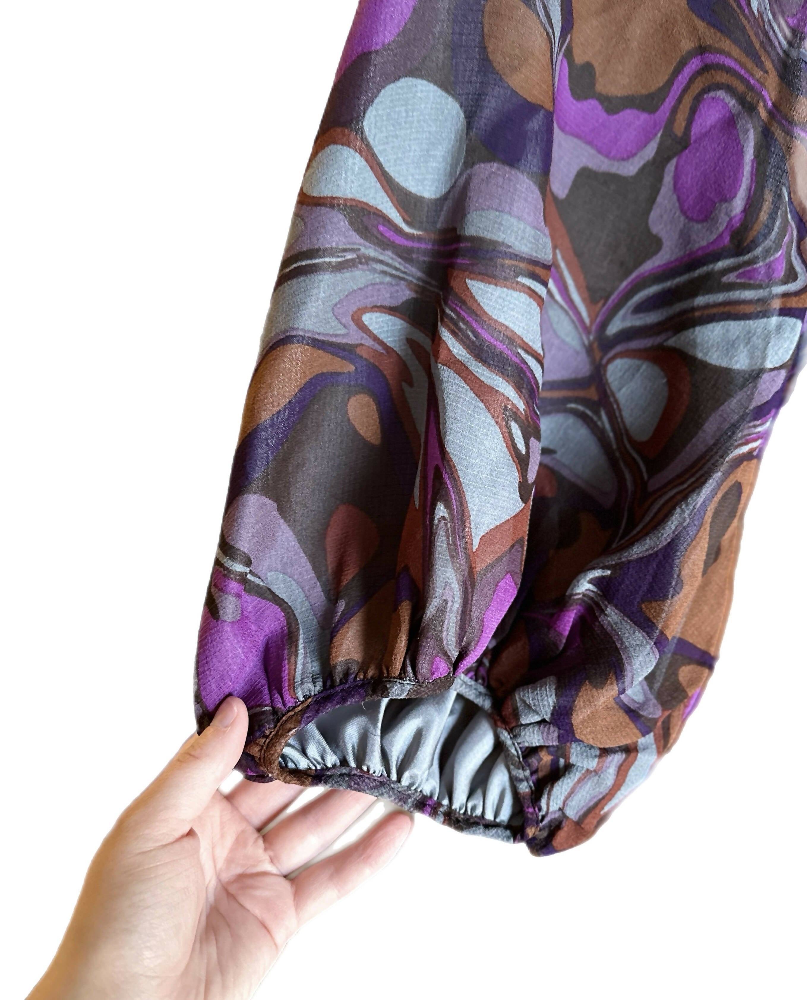 Nanette Lepore Ruffle Printed Silk Blouse - Abstract - Purple Multi/Eggplant Multi