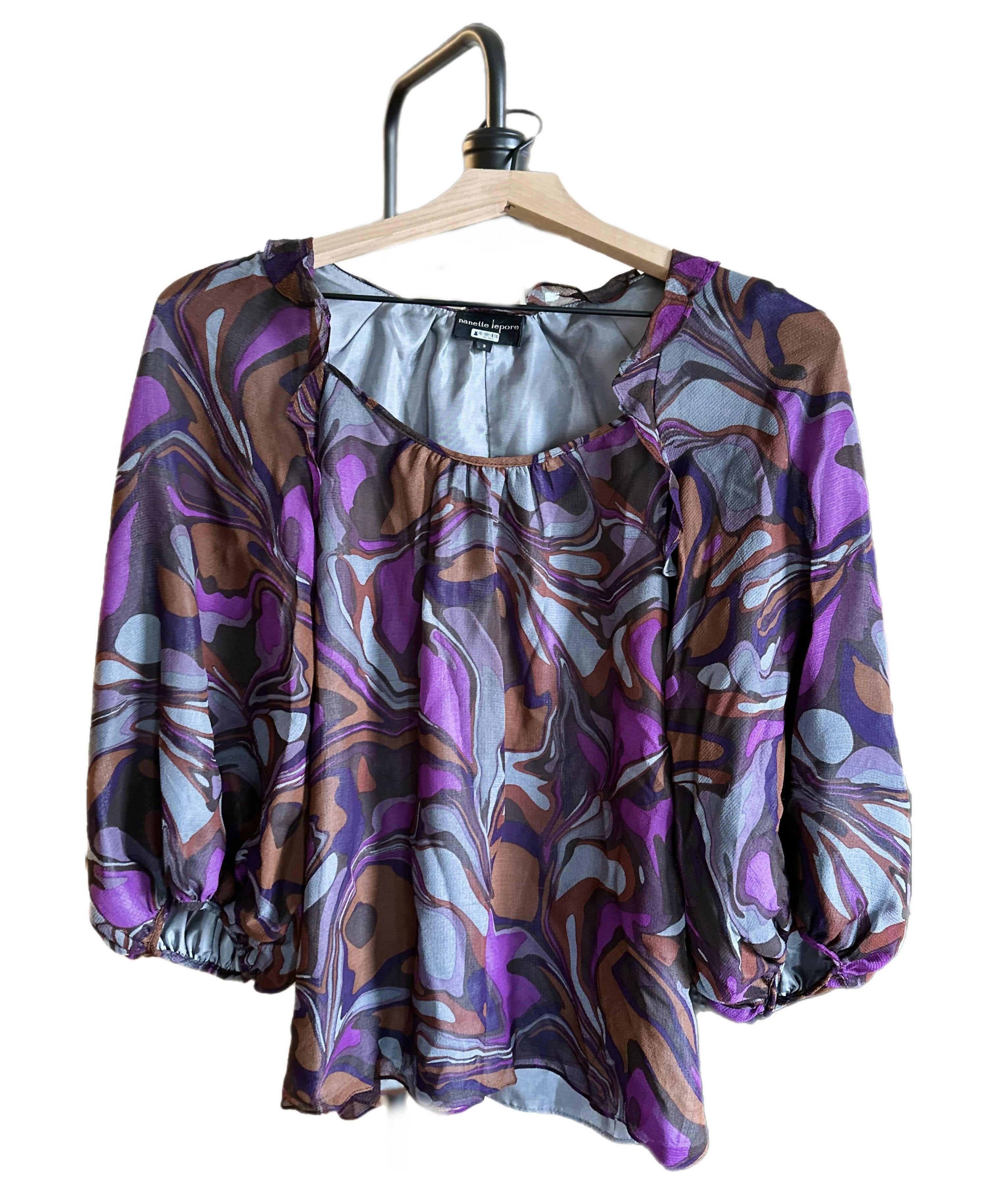 Nanette Lepore Ruffle Printed Silk Blouse - Abstract - Purple Multi/Eggplant Multi