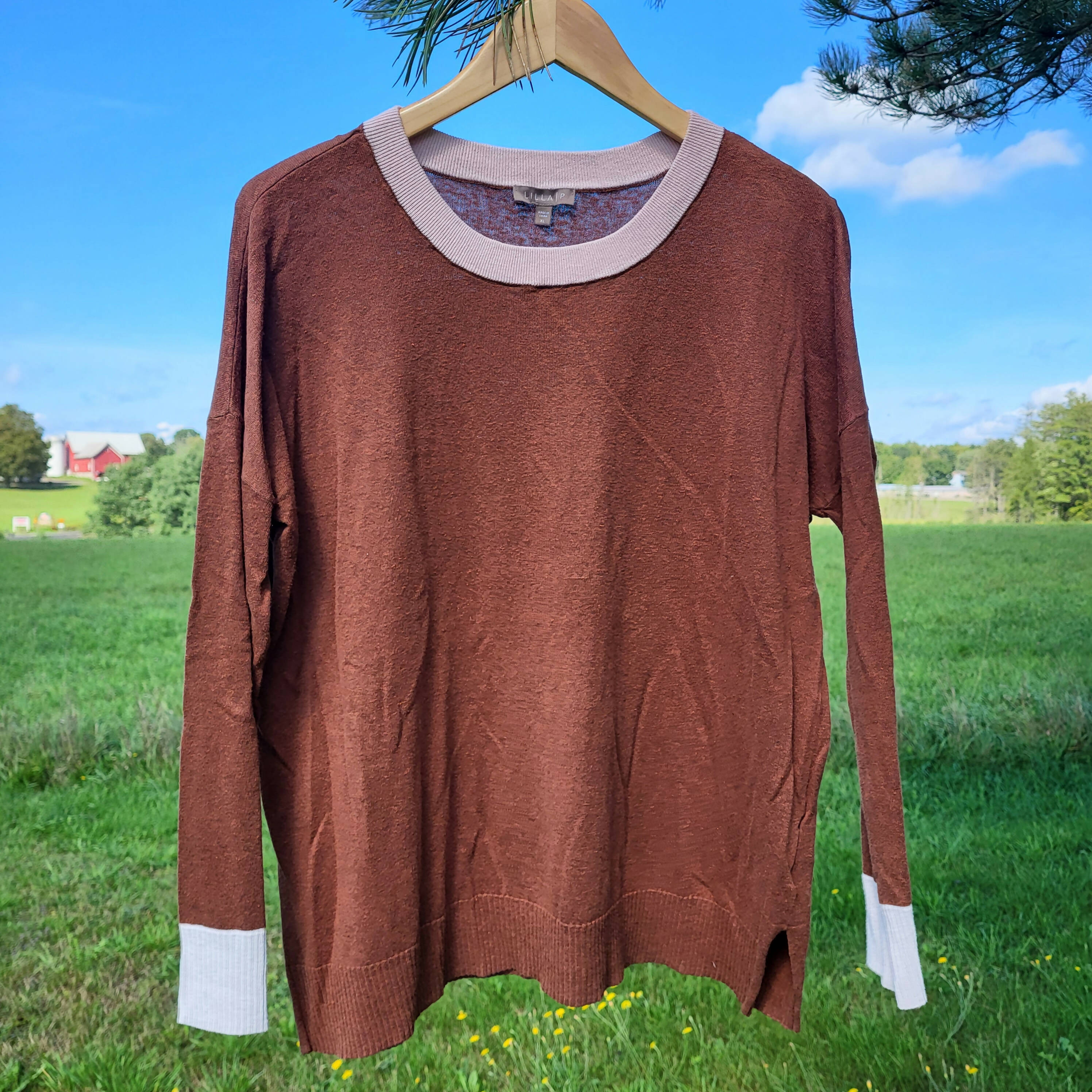 Lilla P Long Sleeve Colorblock Crewneck Sweater - /Brown Multi - XL