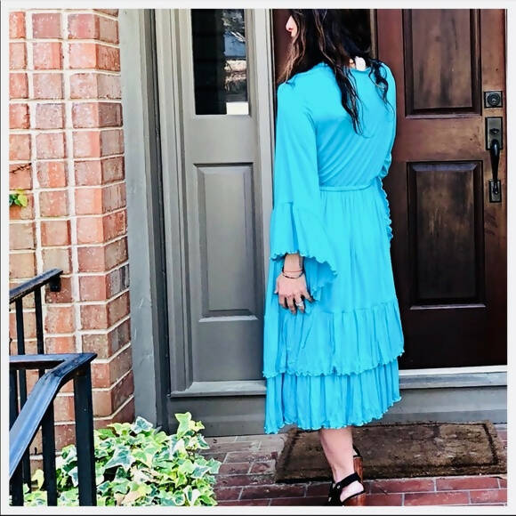 Boho Beautiful Turquoise Midi ~ Bell Sleeves ~ Lettuce Trim Tiered Ruffles ~ NEW