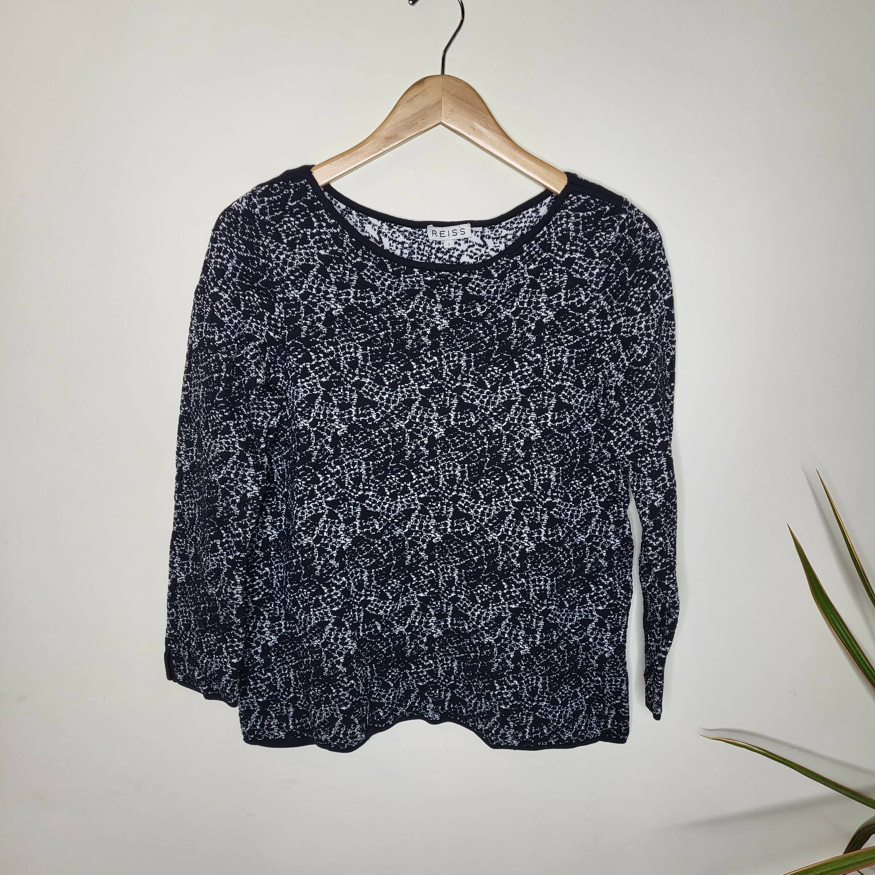 Reiss Long Sleeve Ballet Neckline Top - Abstract - Black Multi