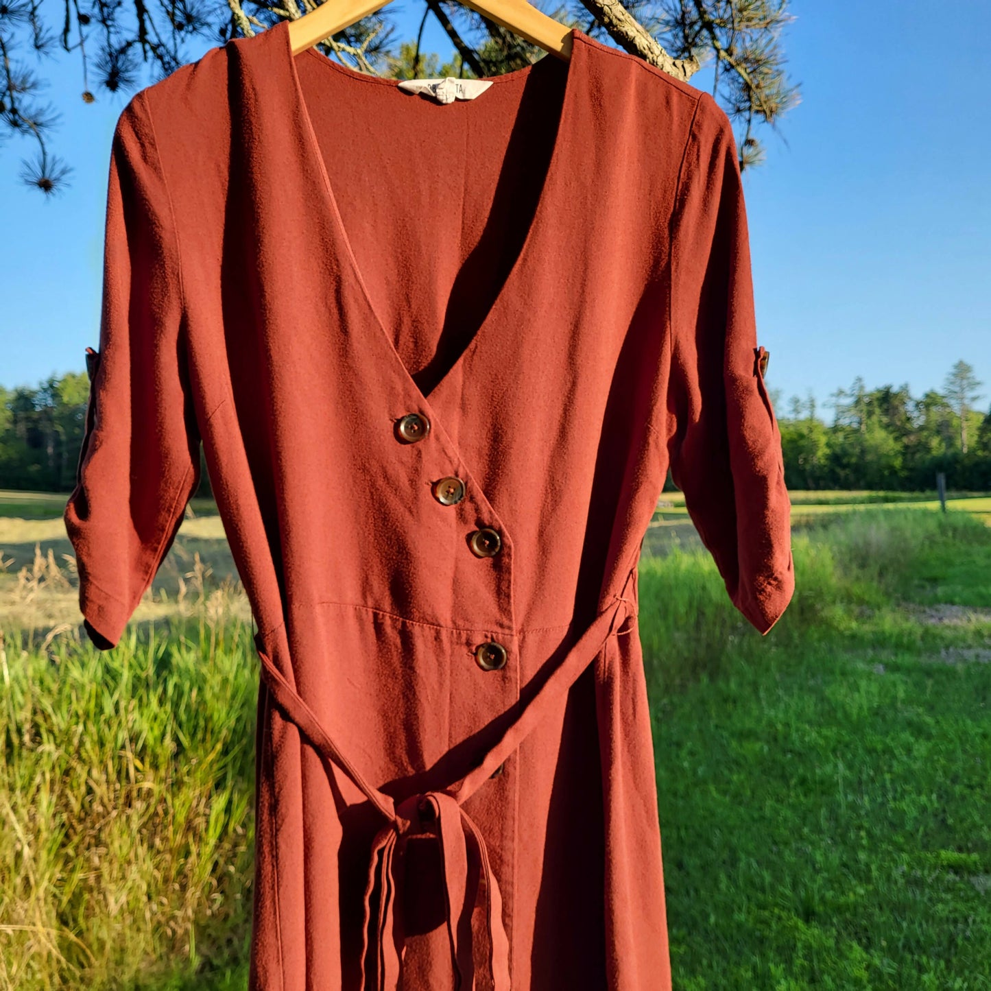 BB Dakota Cuffed Sleeve V-Neck Button Front Belted Midi Dress - /Brown - 10