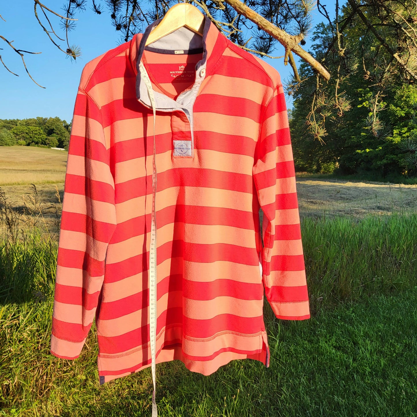 Southern Tide Long Sleeve Skiptide Pullover Button-Down Shirt - Stripes - Pink Multi/Fire Red - M