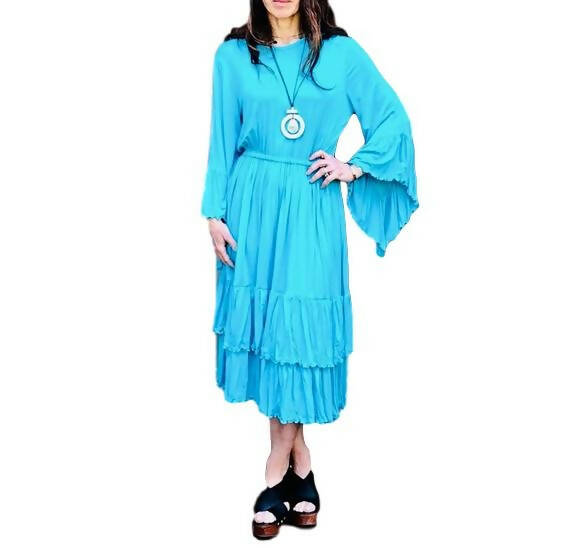 Boho Beautiful Turquoise Midi ~ Bell Sleeves ~ Lettuce Trim Tiered Ruffles ~ NEW