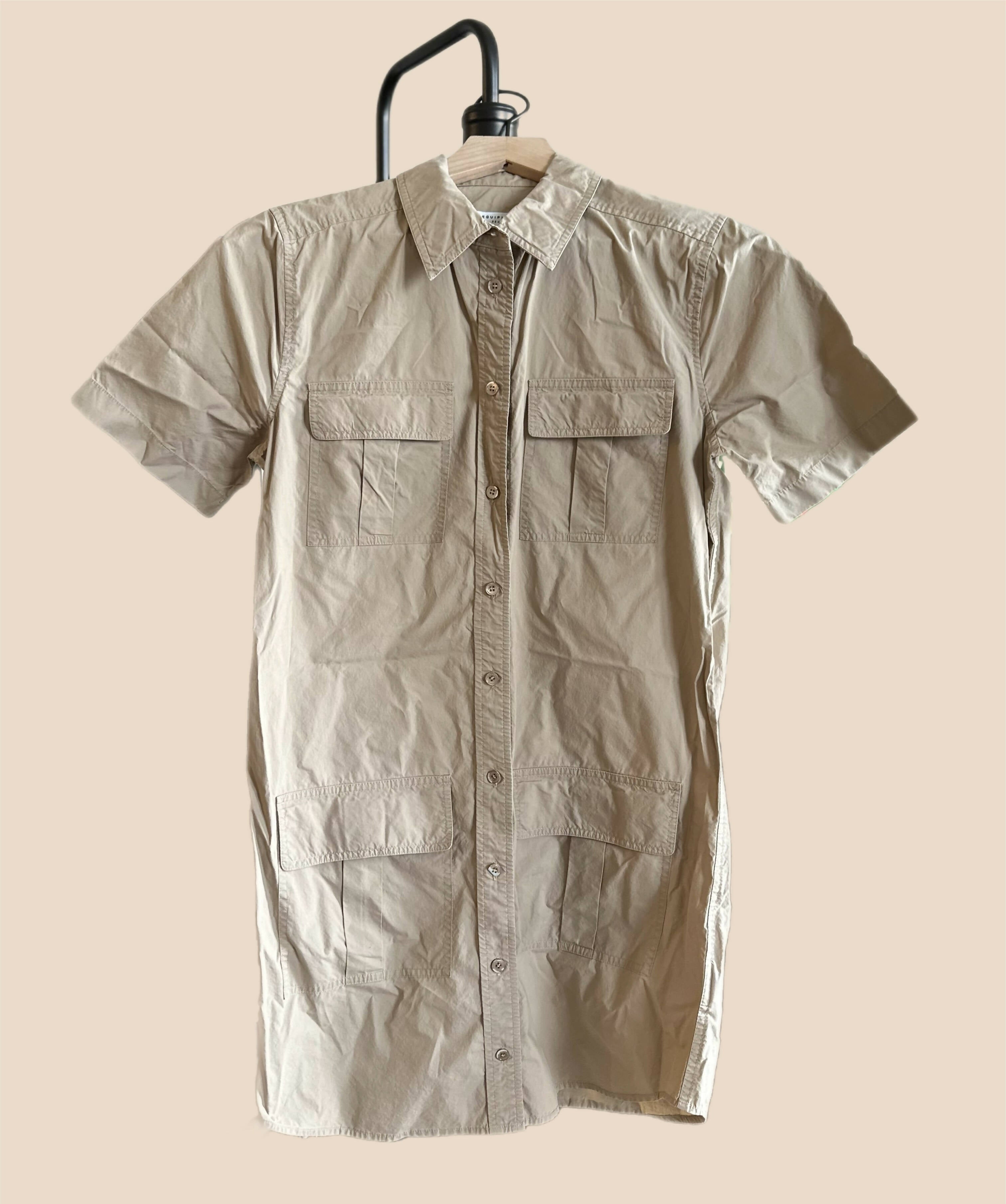 Equipment Button-Front Short Sleeve Utility Shirtdress with Pockets - Brown