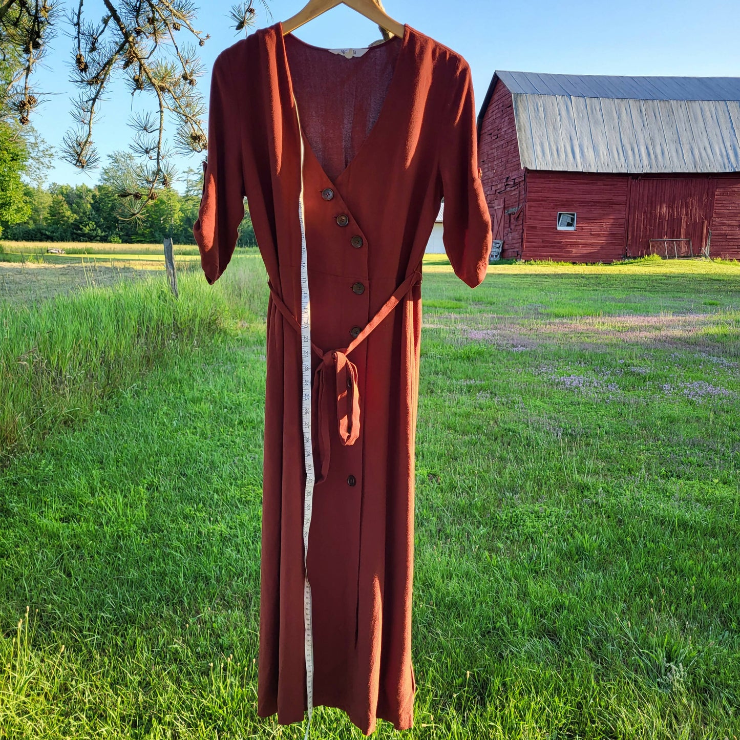 BB Dakota Cuffed Sleeve V-Neck Button Front Belted Midi Dress - /Brown - 10