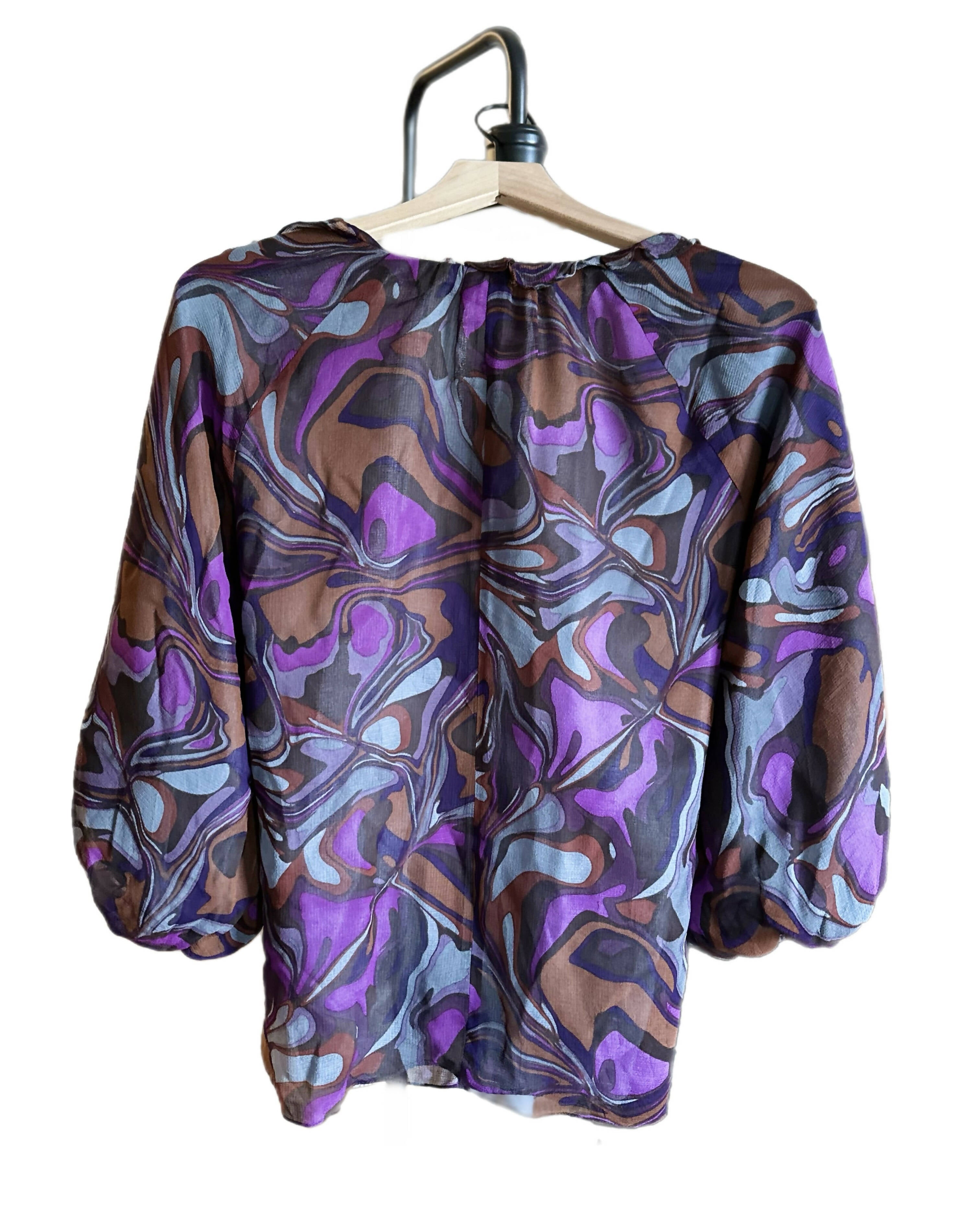 Nanette Lepore Ruffle Printed Silk Blouse - Abstract - Purple Multi/Eggplant Multi