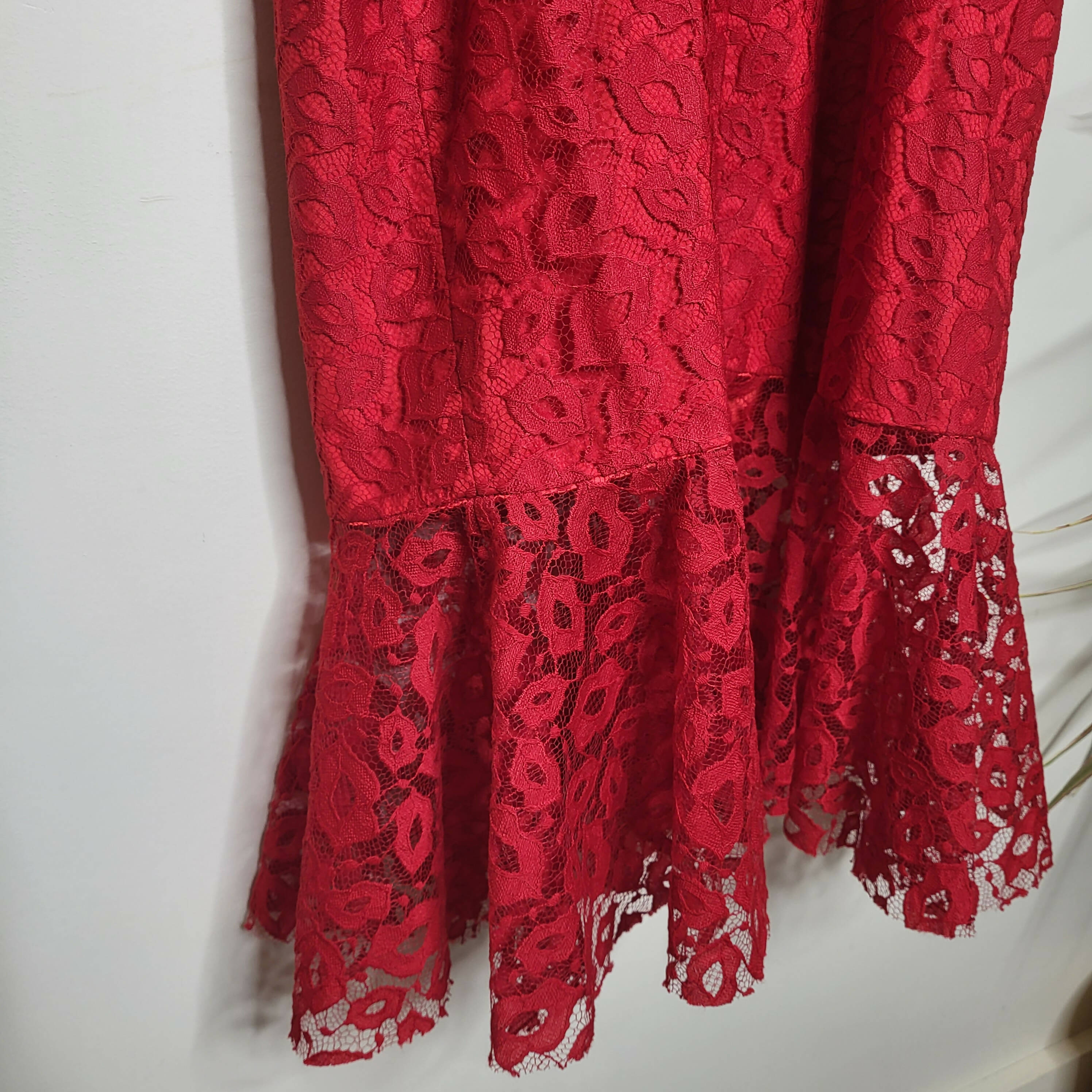 Milly Lace Overlay Flounce Dress - Abstract - Red/Ruby