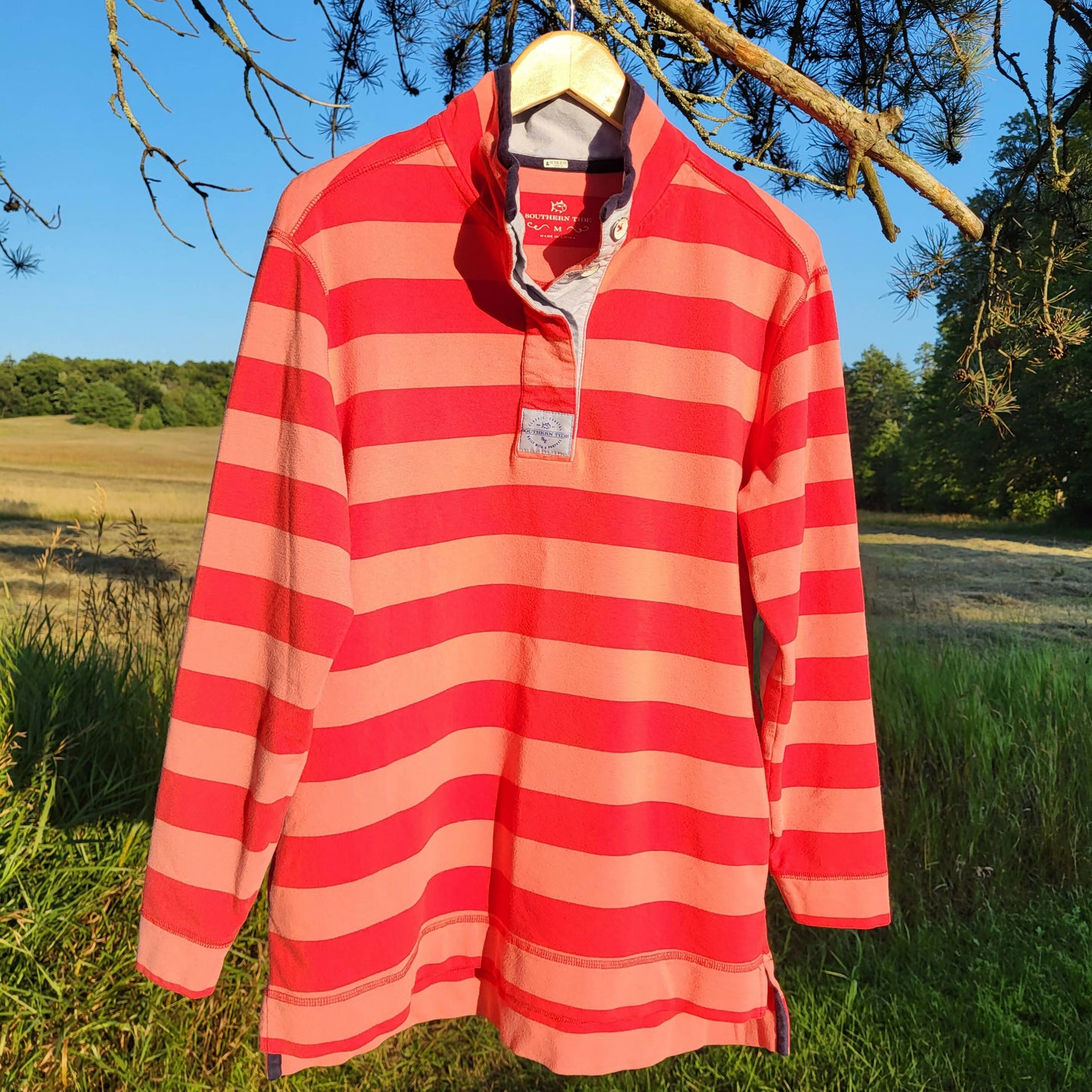 Southern Tide Long Sleeve Skiptide Pullover Button-Down Shirt - Stripes - Pink Multi/Fire Red - M