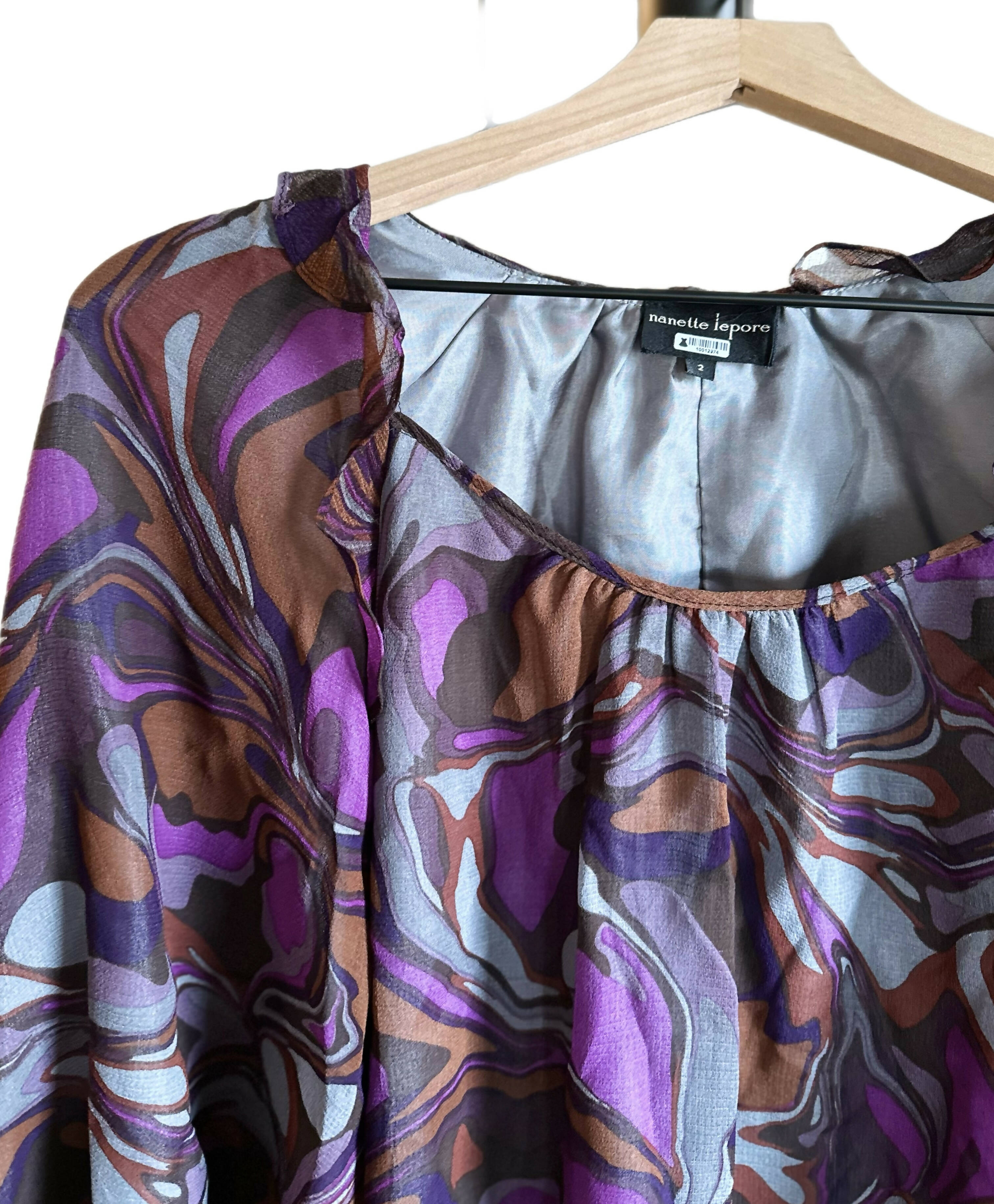 Nanette Lepore Ruffle Printed Silk Blouse - Abstract - Purple Multi/Eggplant Multi