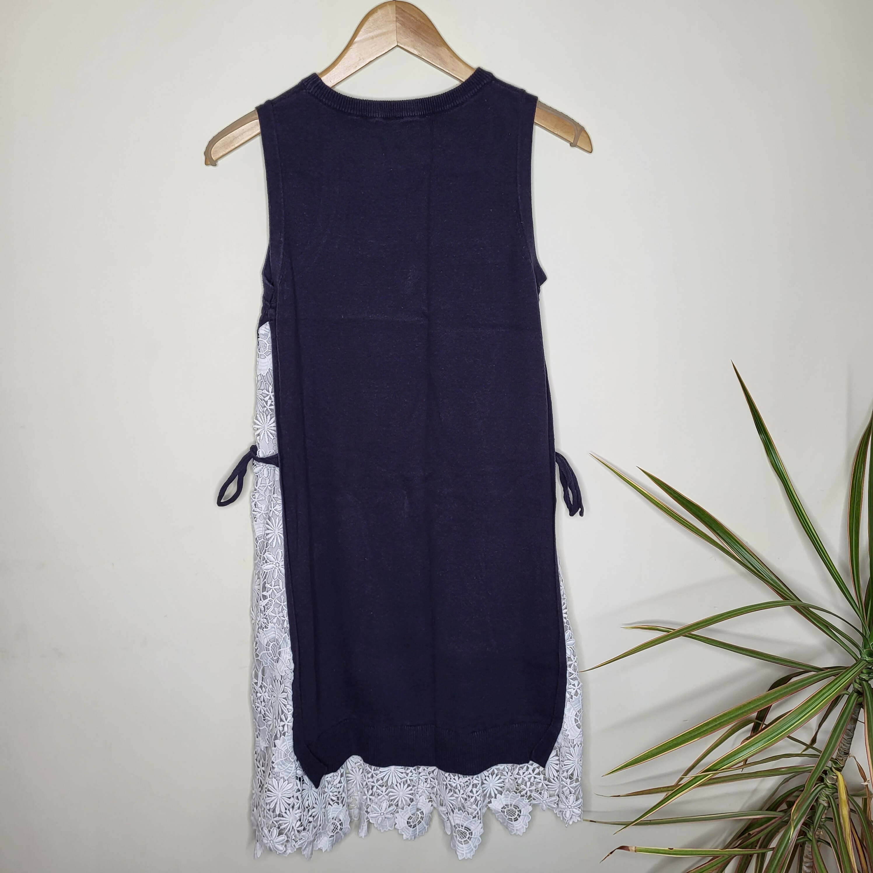 French Connection Sleeveless Side-Tie Lace Insert Knit Dress