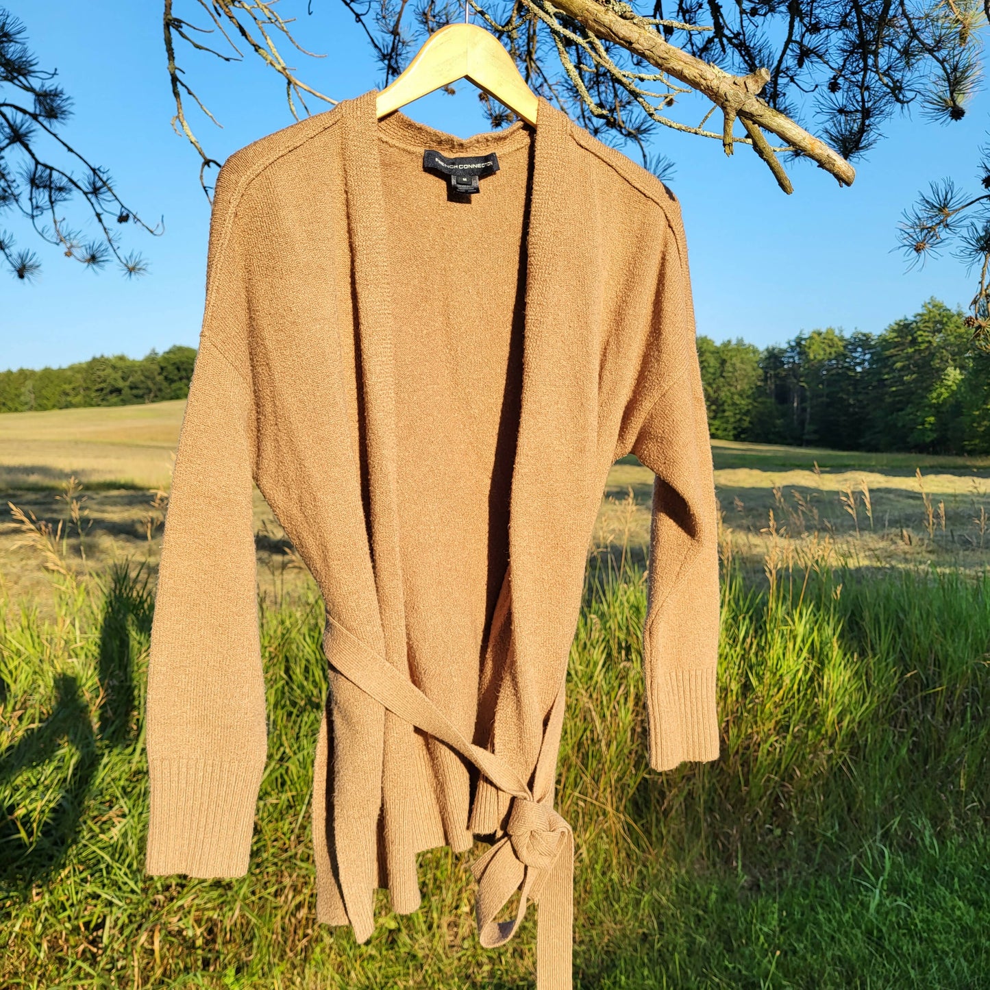 Textured Wool Blend Belted Cardigan - /Beige - M