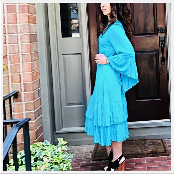 Boho Beautiful Turquoise Midi ~ Bell Sleeves ~ Lettuce Trim Tiered Ruffles ~ NEW