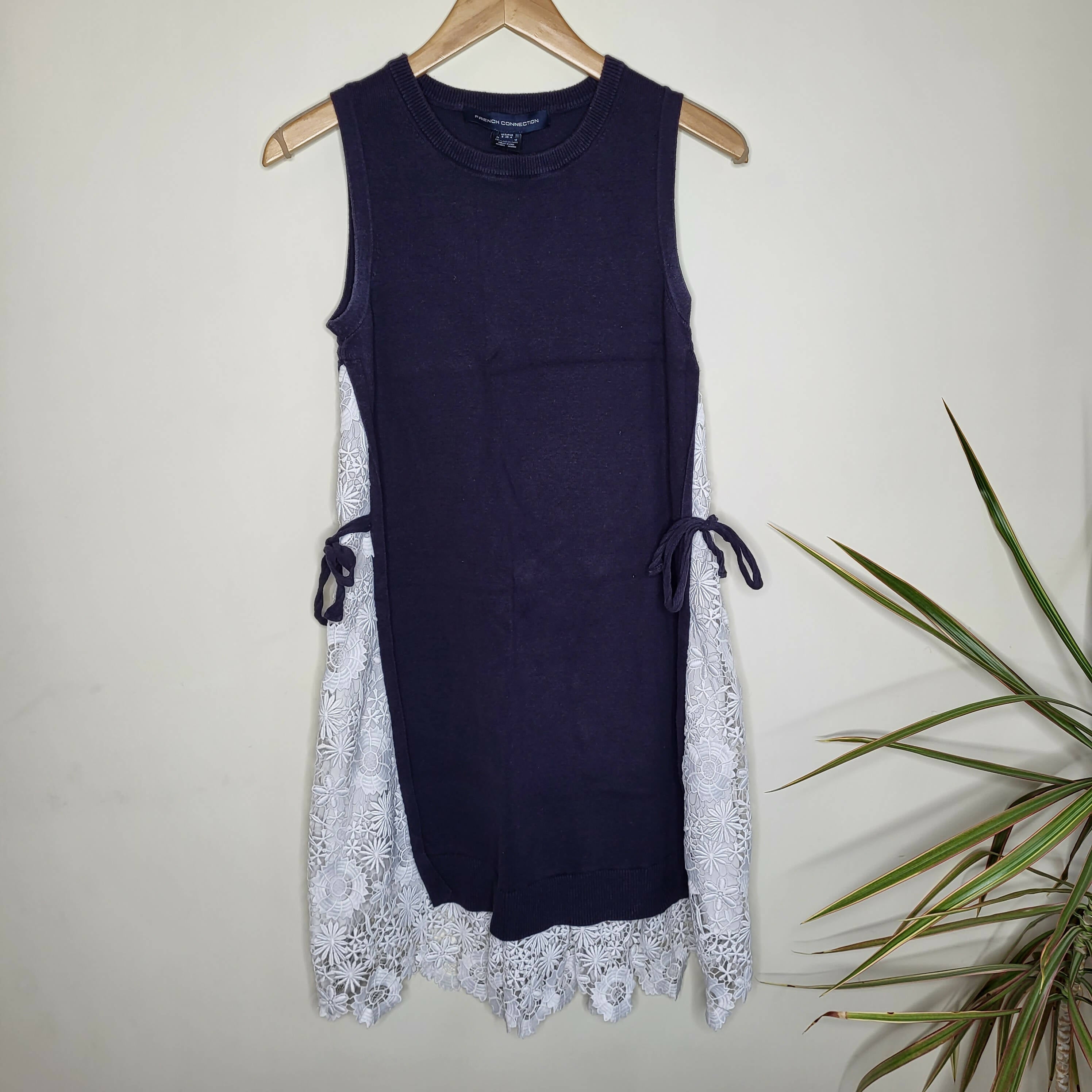 French Connection Sleeveless Side-Tie Lace Insert Knit Dress