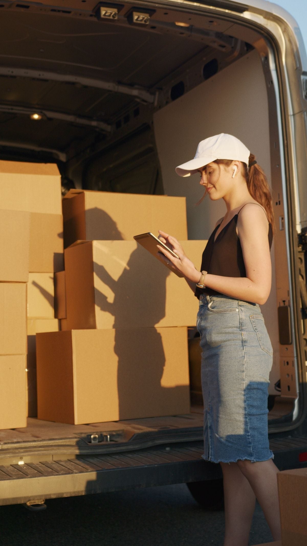 Buyer checking delivered boxes against the manifest on a tablet