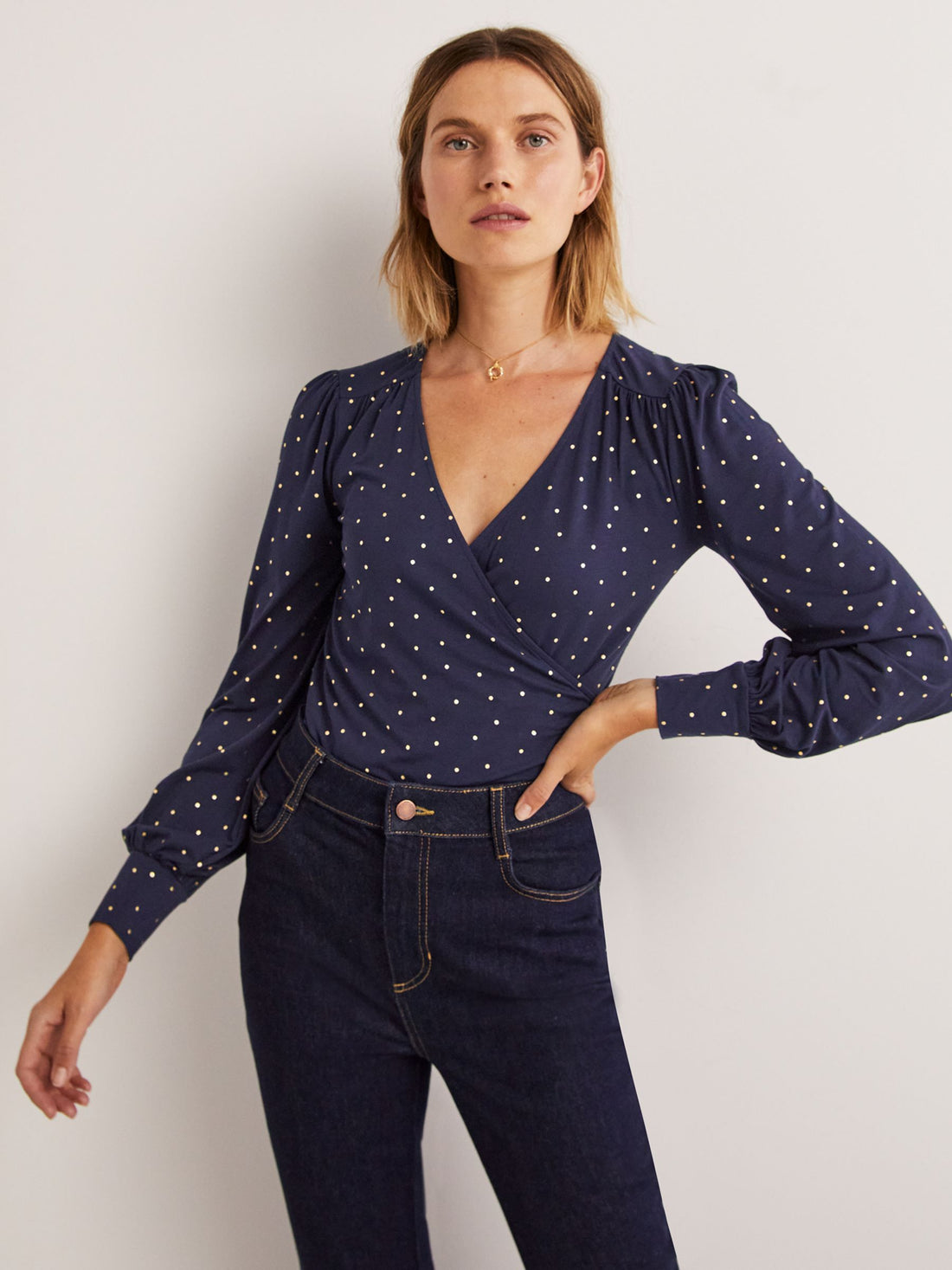 Boden Blouson Sleeve Faux Wrap Top - Polka Dot - Navy Multi/French Navy