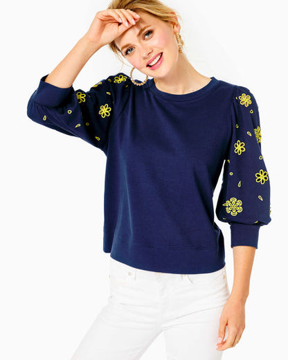 Lilly Pulitzer Puff Sleeve Embroidered Corden Sweatshirt - Floral - Navy Multi/Low Tide Navy - M