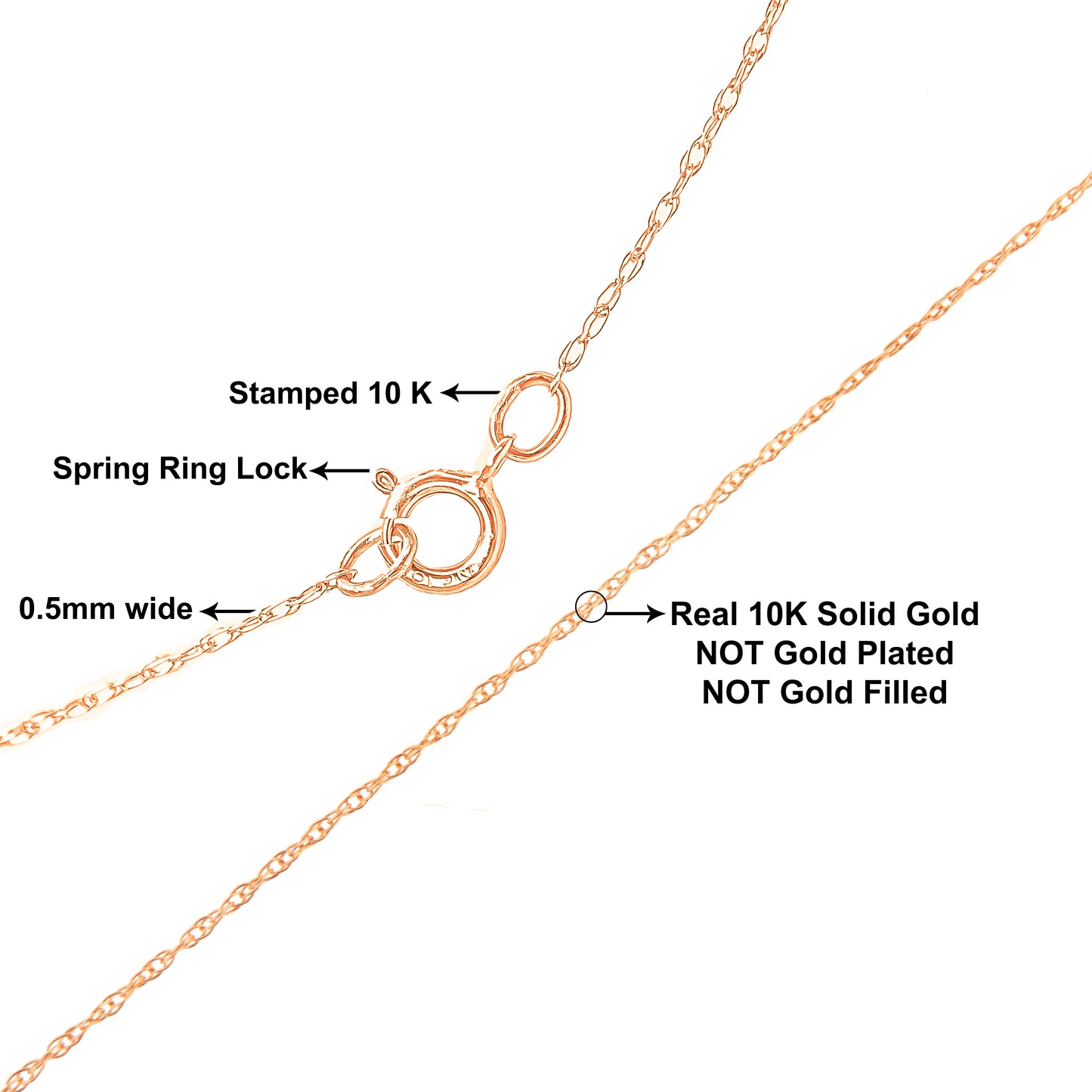 Haus of Brilliance Solid 10K Rose Gold 0.5mm Rope Chain Necklace. Unisex Chain - Size 18" Inches