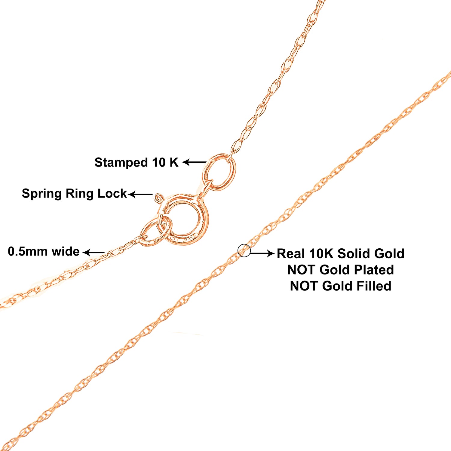Haus of Brilliance Solid 10K Rose Gold 0.5mm Rope Chain Necklace. Unisex Chain - Size 20&quot; Inches